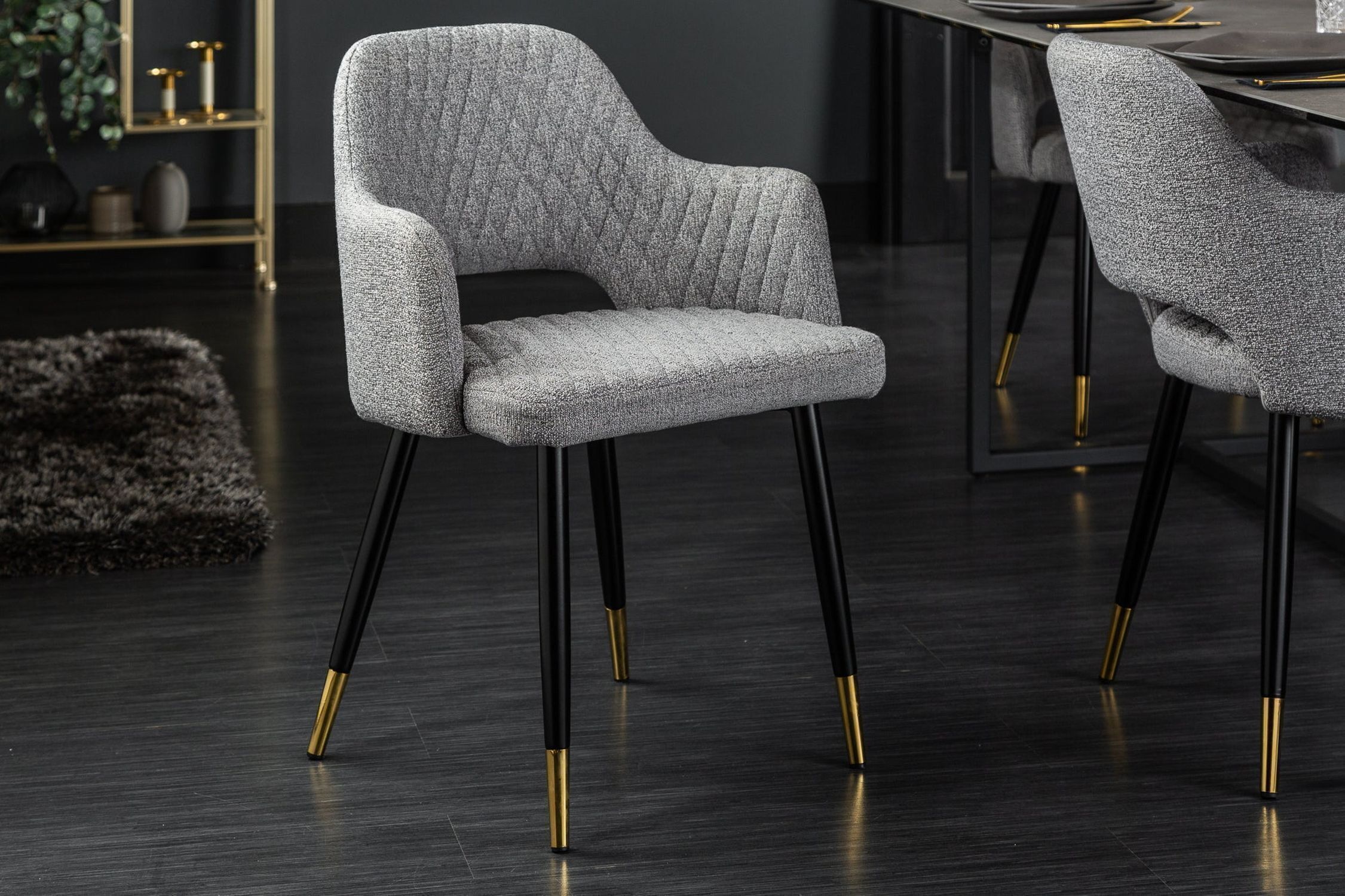 Chaise de salle à manger avec accoudoirs Rétro Gris Noir Or L : 54 cm Fußboden, Mobiliar, Drinnen, Innenarchitektur, Stuhl
