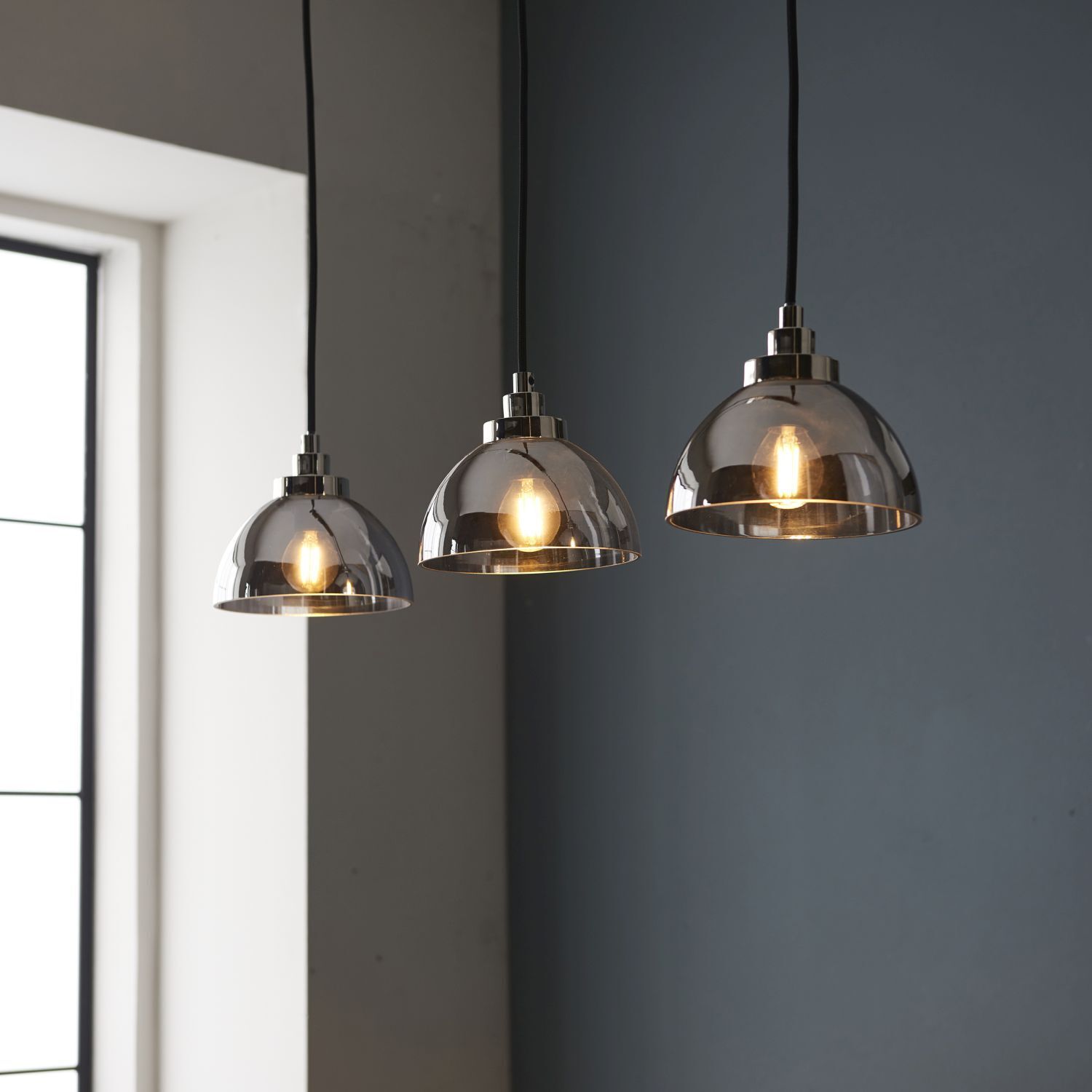 Lampe à suspendre verre métal 3 flammes en chrome rétro E27
