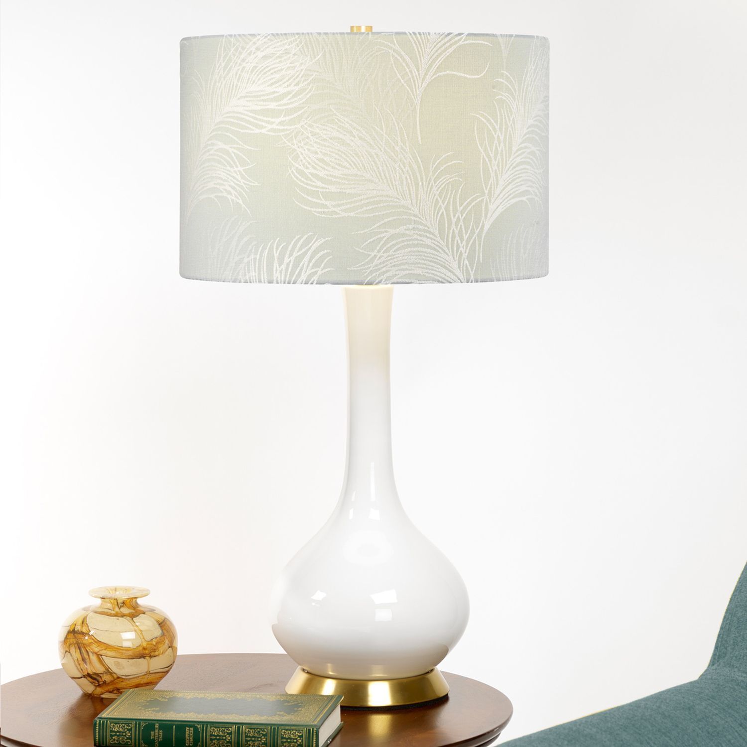 Lampe de chevet tissu céramique E27 69 cm rétro blanc gris