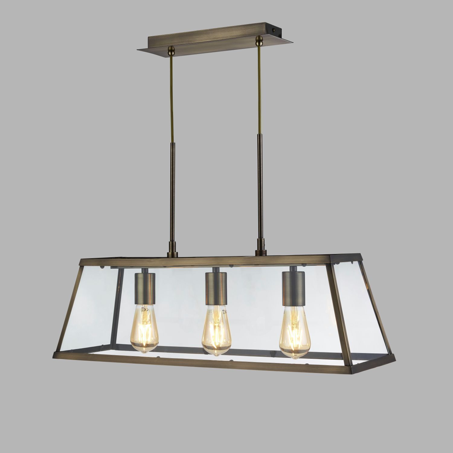 Lampe à suspendre verre métal L : 65 cm 3x E27 laiton antique