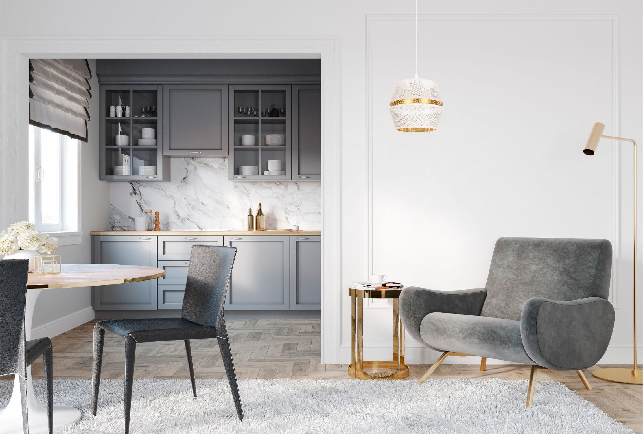Elégante lampe suspendue métal blanc or E27 Ø20 cm ronde