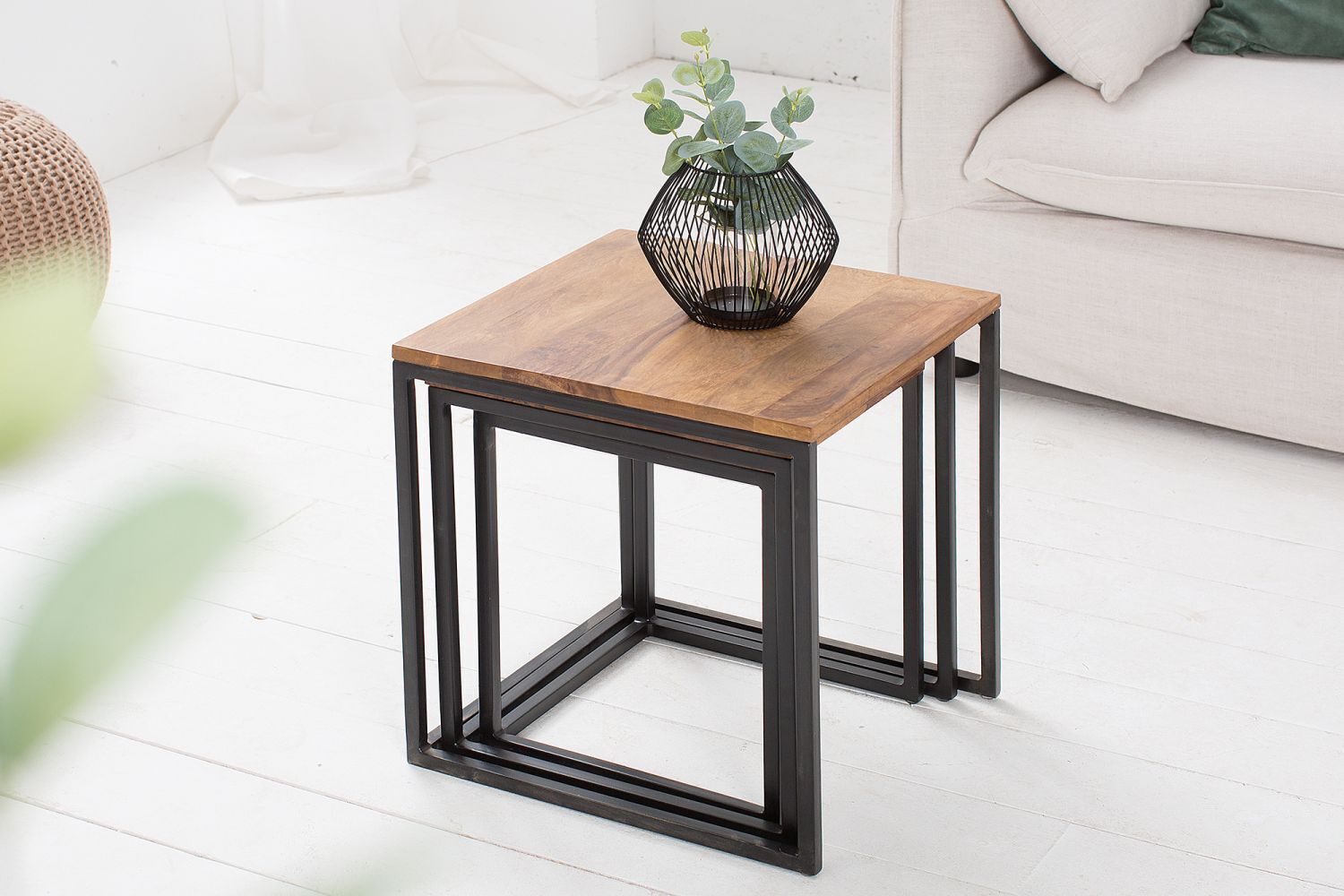 Table d'appoint bois de sheesham métal set de 3 pièces en noir naturel Moebel, Tabelle, Kaffeetisch, Hartholz, Gebeiztes Holz