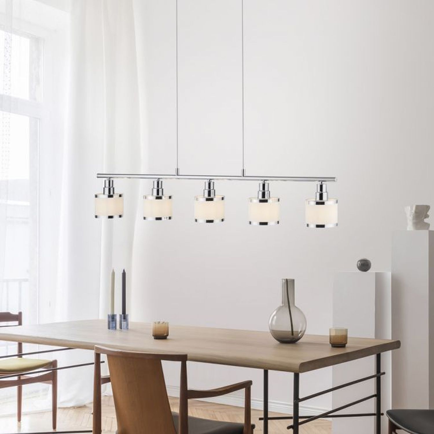 Suspension longue métal chrome 5 flammes E14 90 cm