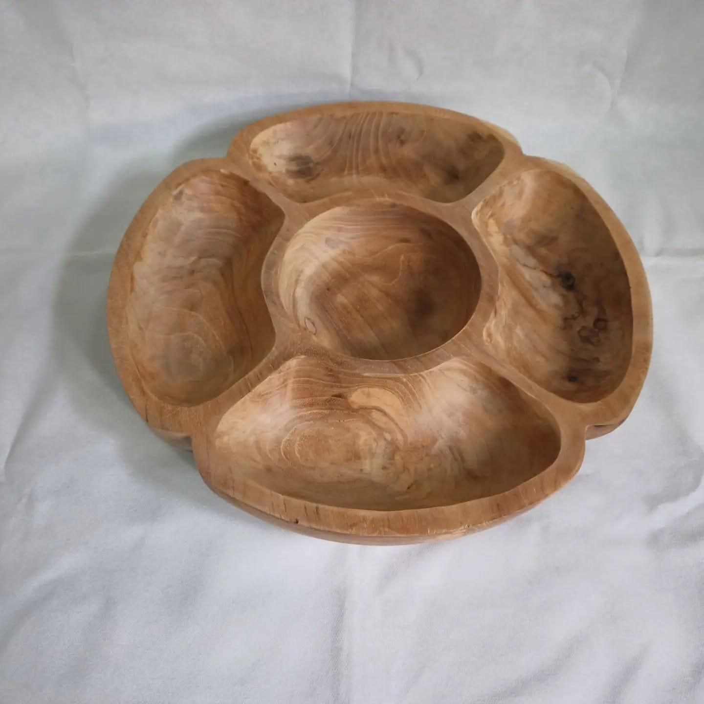 Coupe à goûter en bois de teck L : 40 cm 5 compartiments Unique travail manuel Holz, Hartholz, Gebeiztes Holz