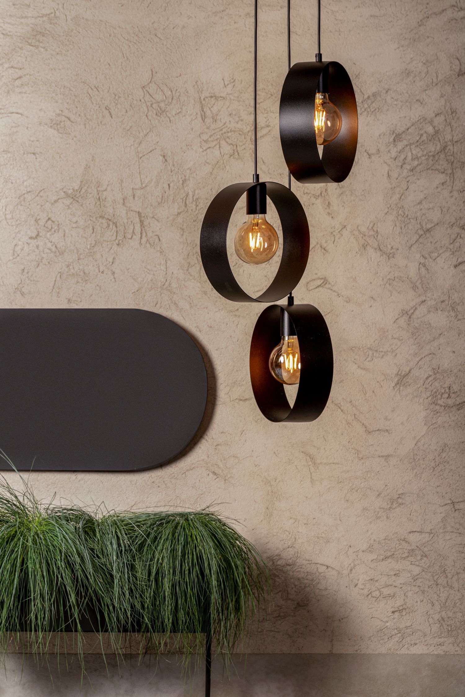 Lampe à suspendre décorative Anneaux Métal Noir L:45 cm E27