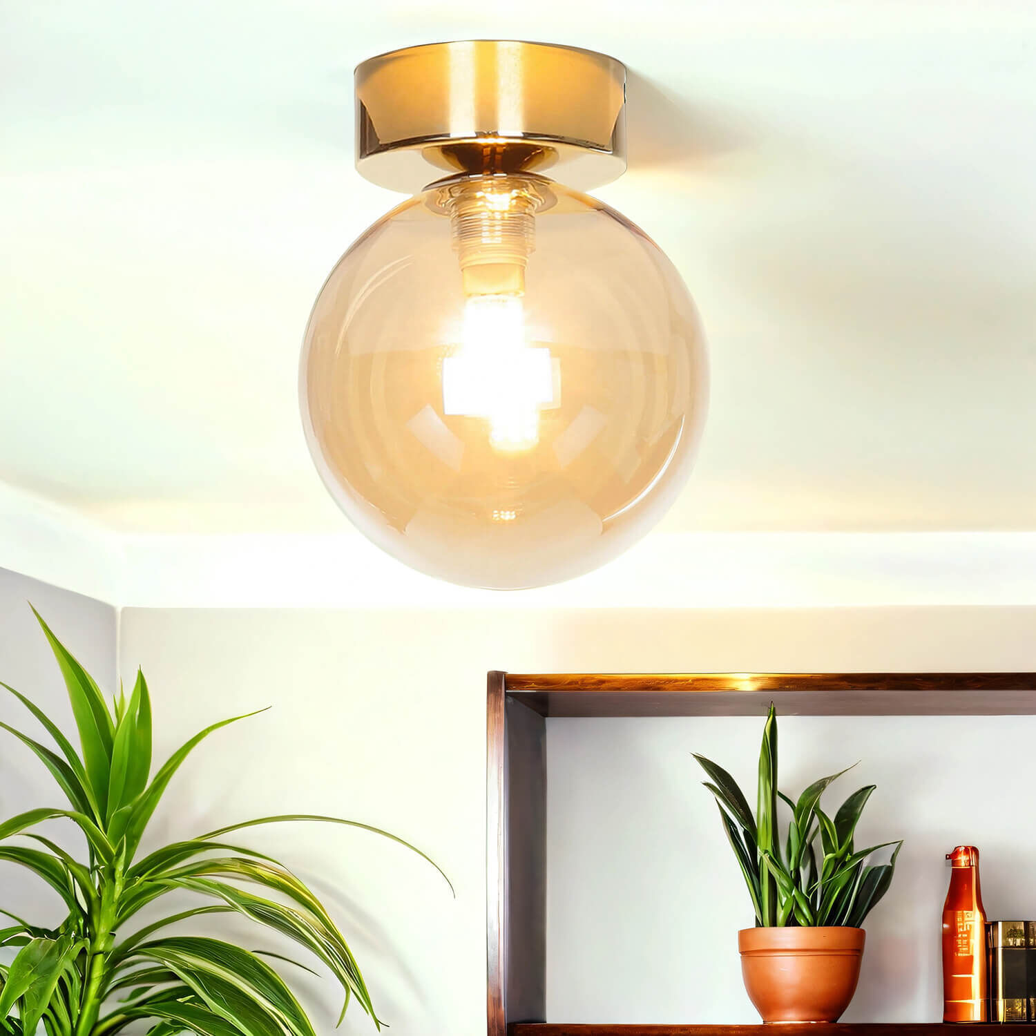 Plafonnier verre fumé Ø 12 cm rond en ambre or G9