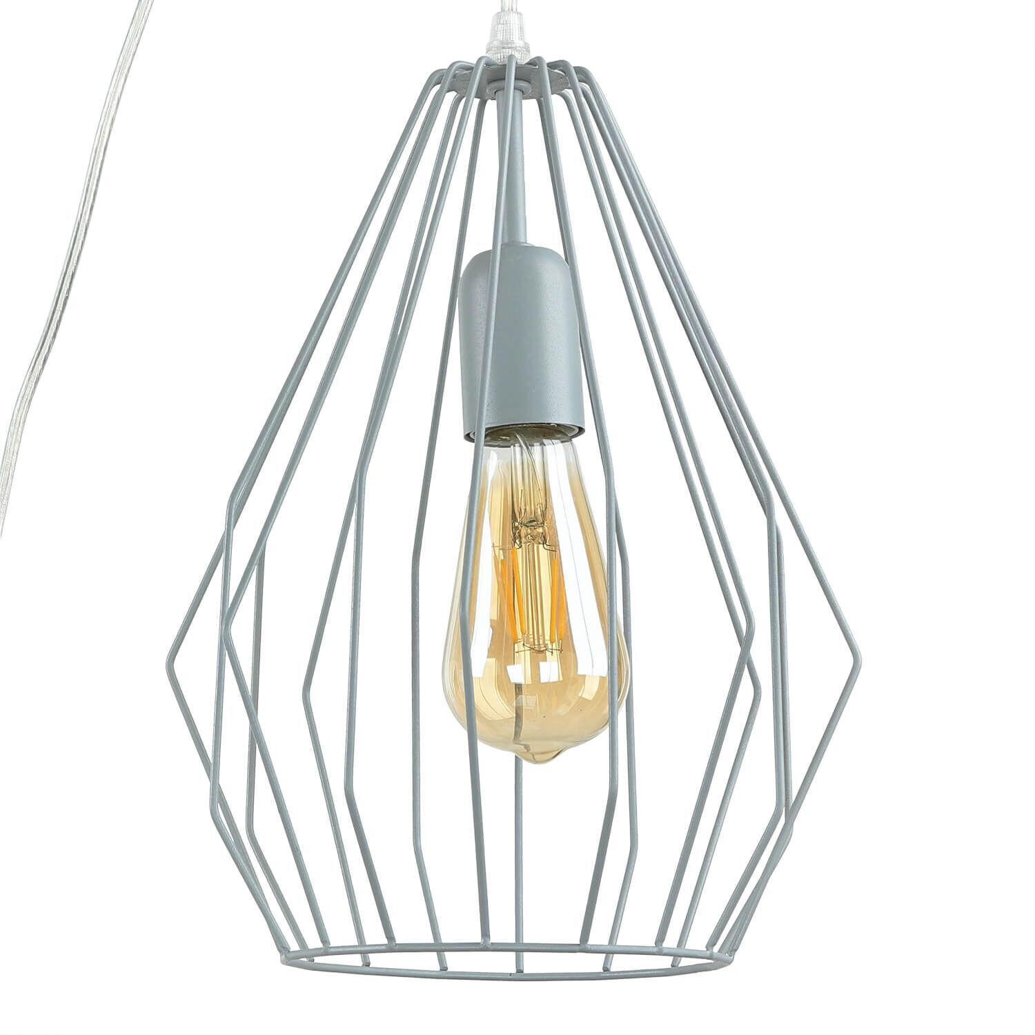 pendelleuchte-haengelampe-mit-stecker-kabel-schalter-draht-gestell-metall-grau-5 pendant, Edelstahldrahtkorb, Glühbirne, Beleuchtung, Lampenschirm