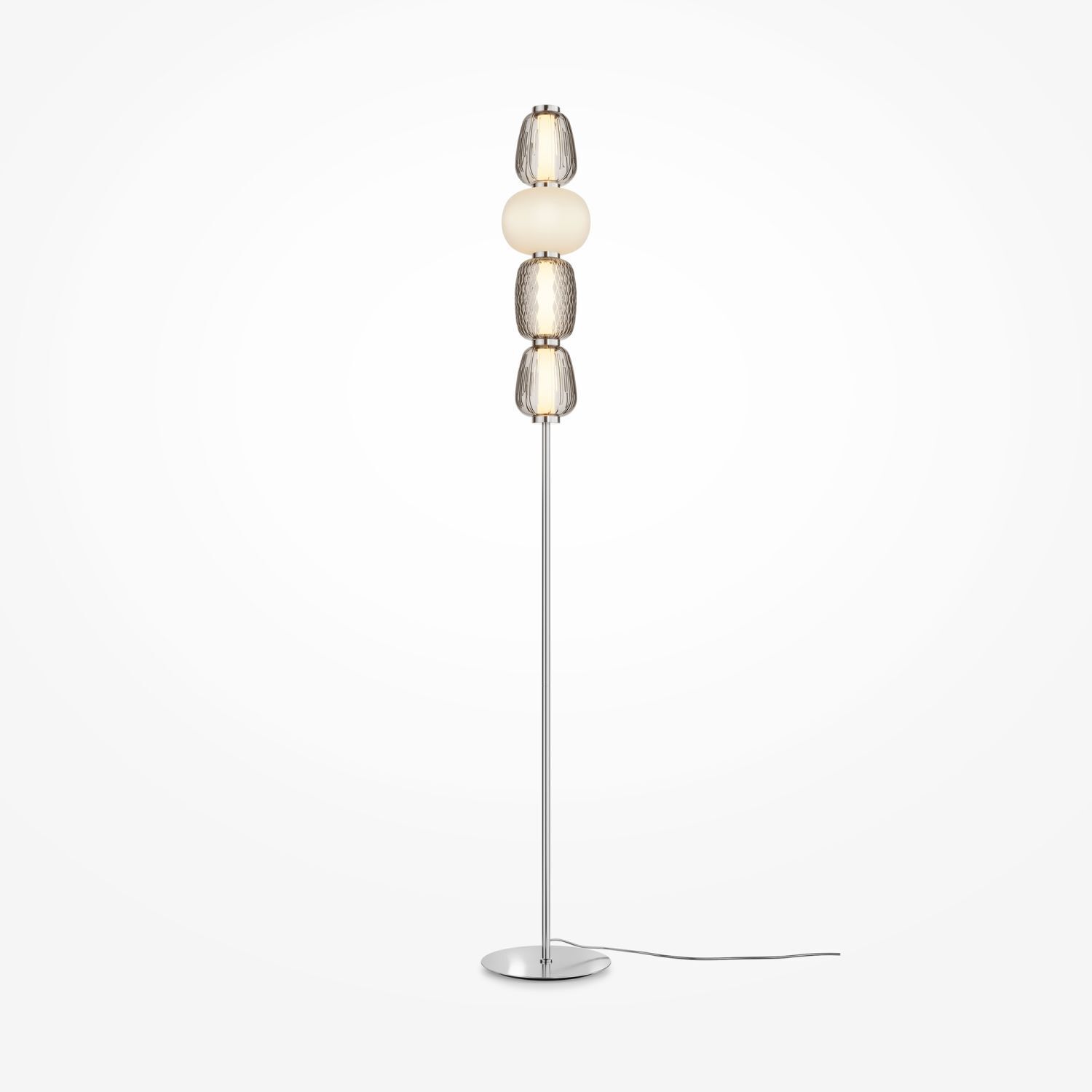 Lampadaire métal verre LED 165,5 cm de haut chrome blanc gris