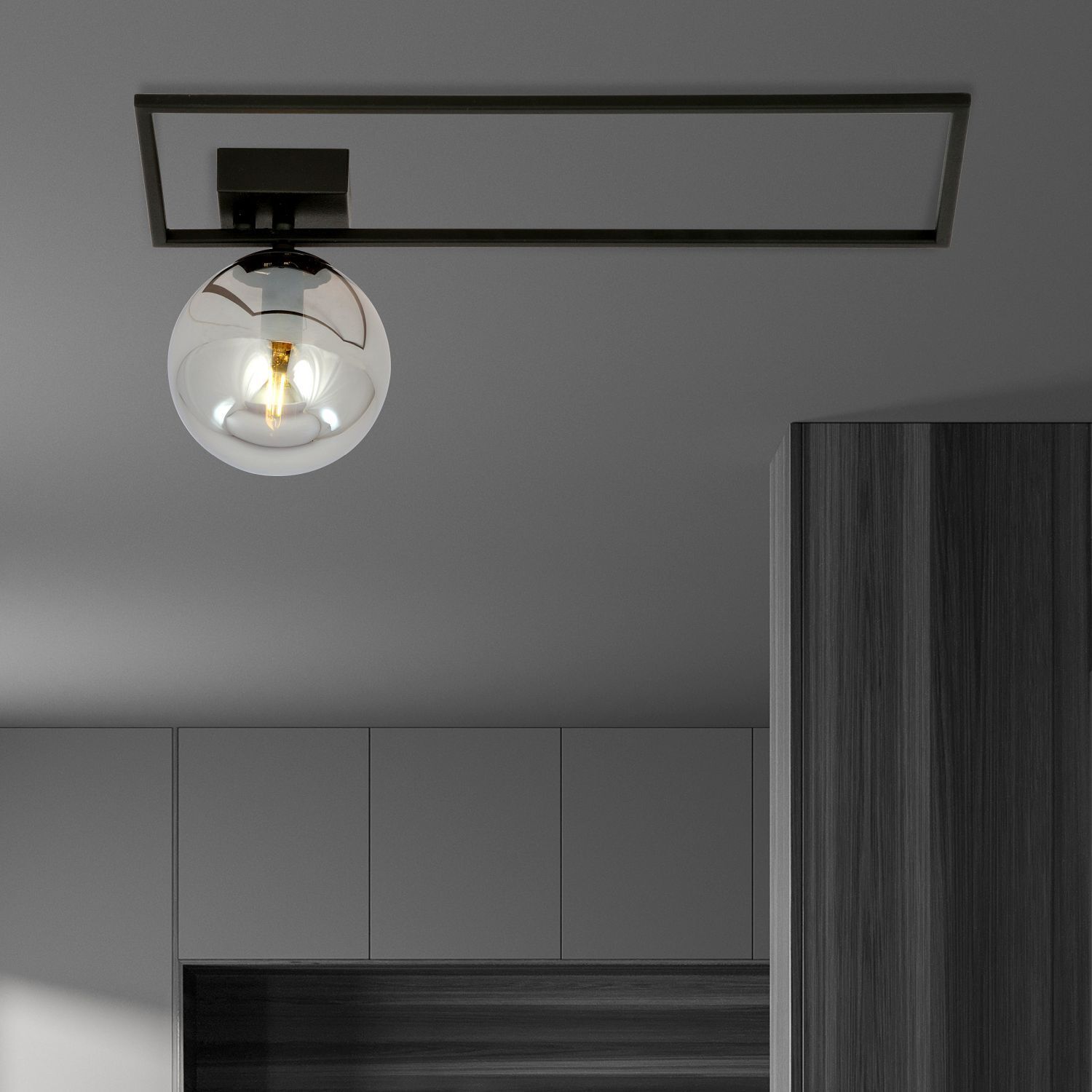 Plafonnier Abat-jour sphérique L : 50 cm Noir Gris E14 Verre Métal