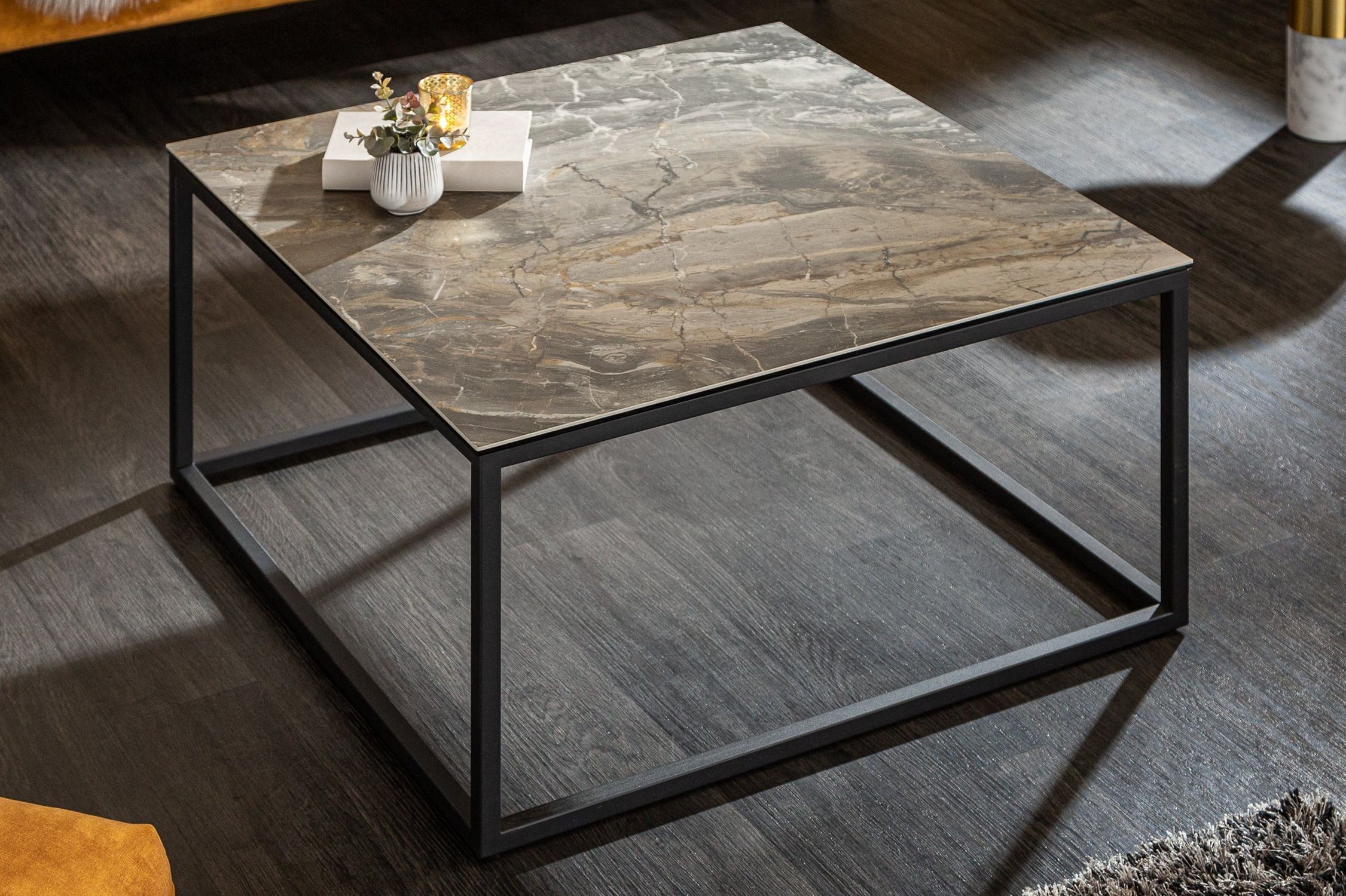 Couchtisch Keramik in Marmor Optik Schwarz 75x75cm (LxBxH) Kaffeetisch, Mobiliar, Tabelle, Tischplatte