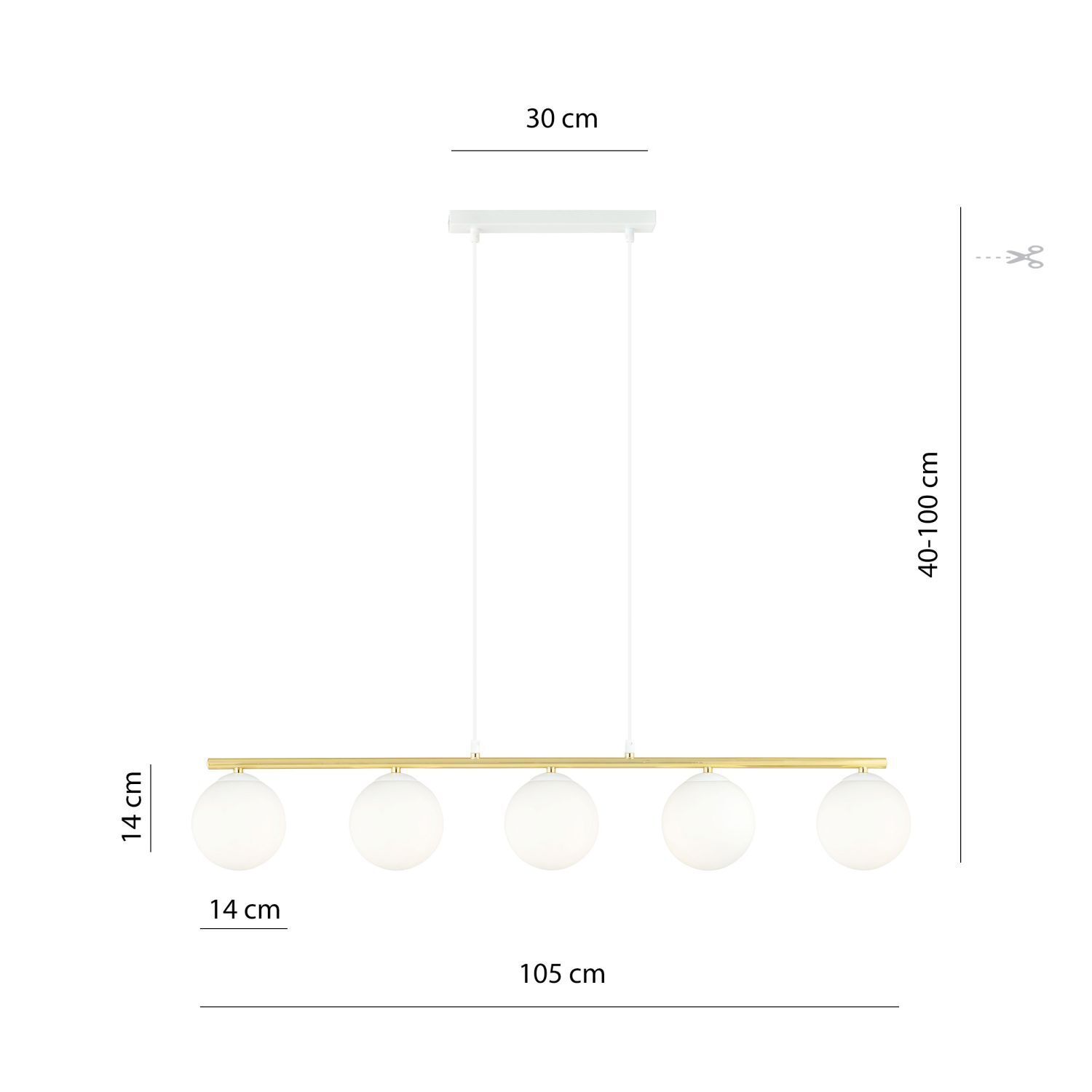 Suspension Blanc Or 5x E14 Abat-jour sphérique Verre Métal