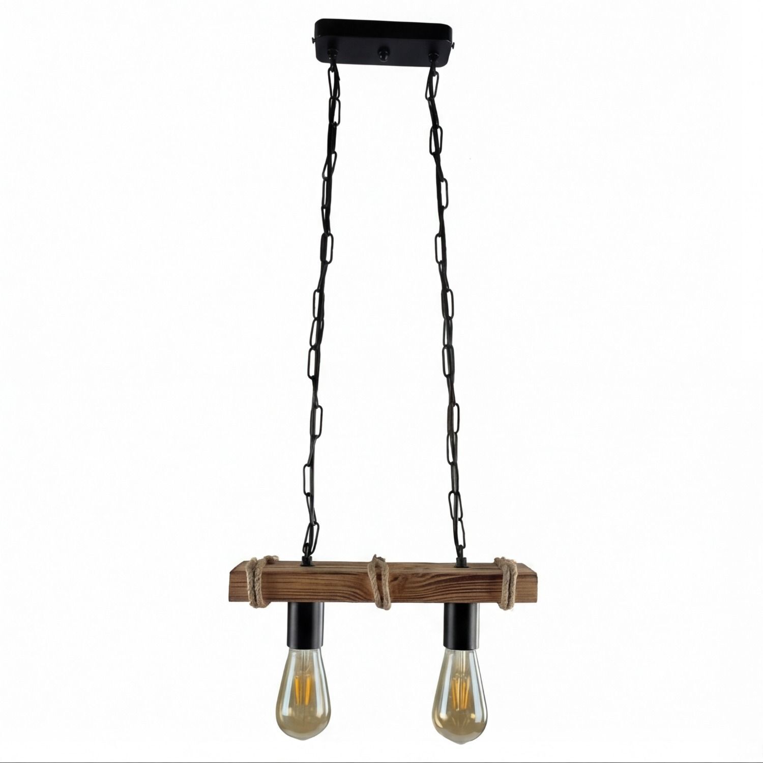 Hängelampe, Bohrkette, Holzlampe, Zweiflammig, Industrie-Look