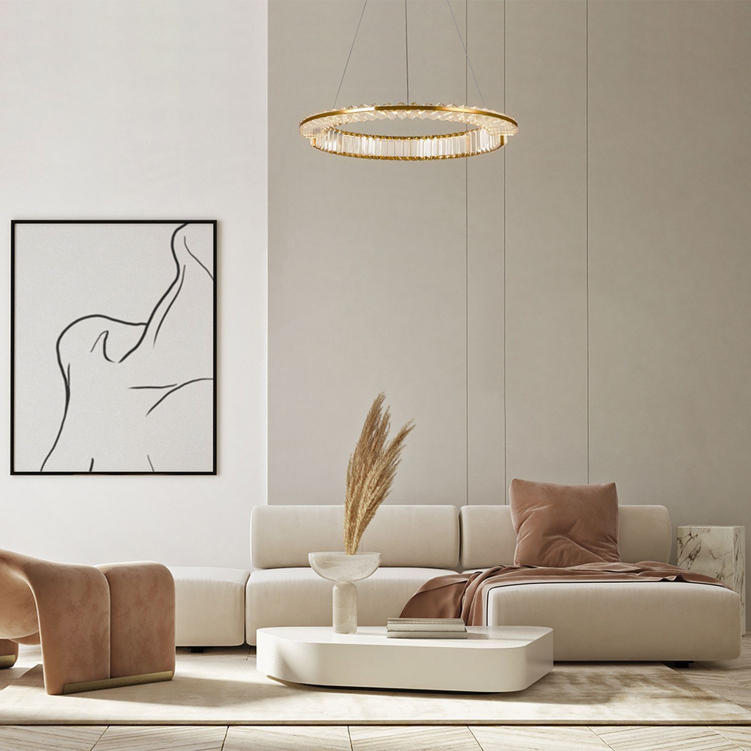 Lustre LED cristal métal rond D : 62 cm en or