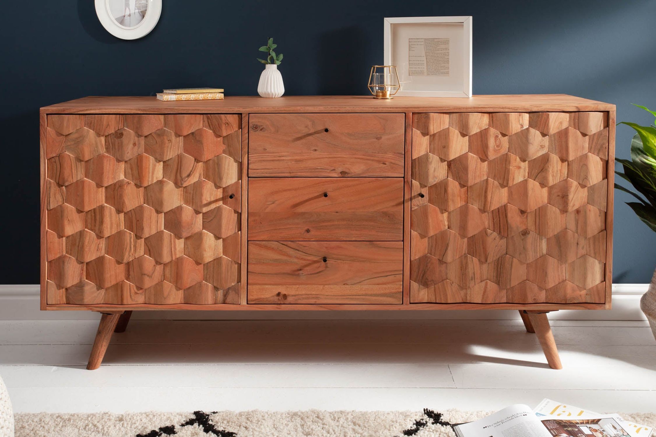 Sideboard acacia 145 x 75cm façades 3D rétro tiroirs portes Sideboard acacia 145 x 75cm façades 3D rétro tiroirs portes