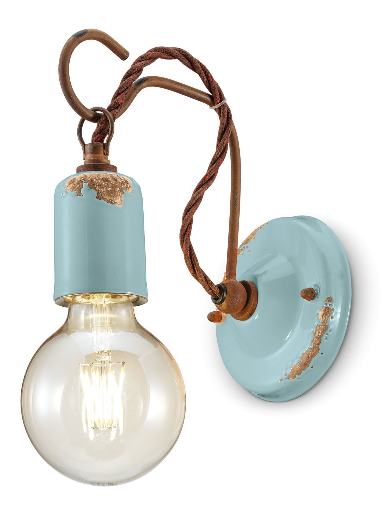 Lampe murale métal 18 cm de haut bleu clair shabby antique E27