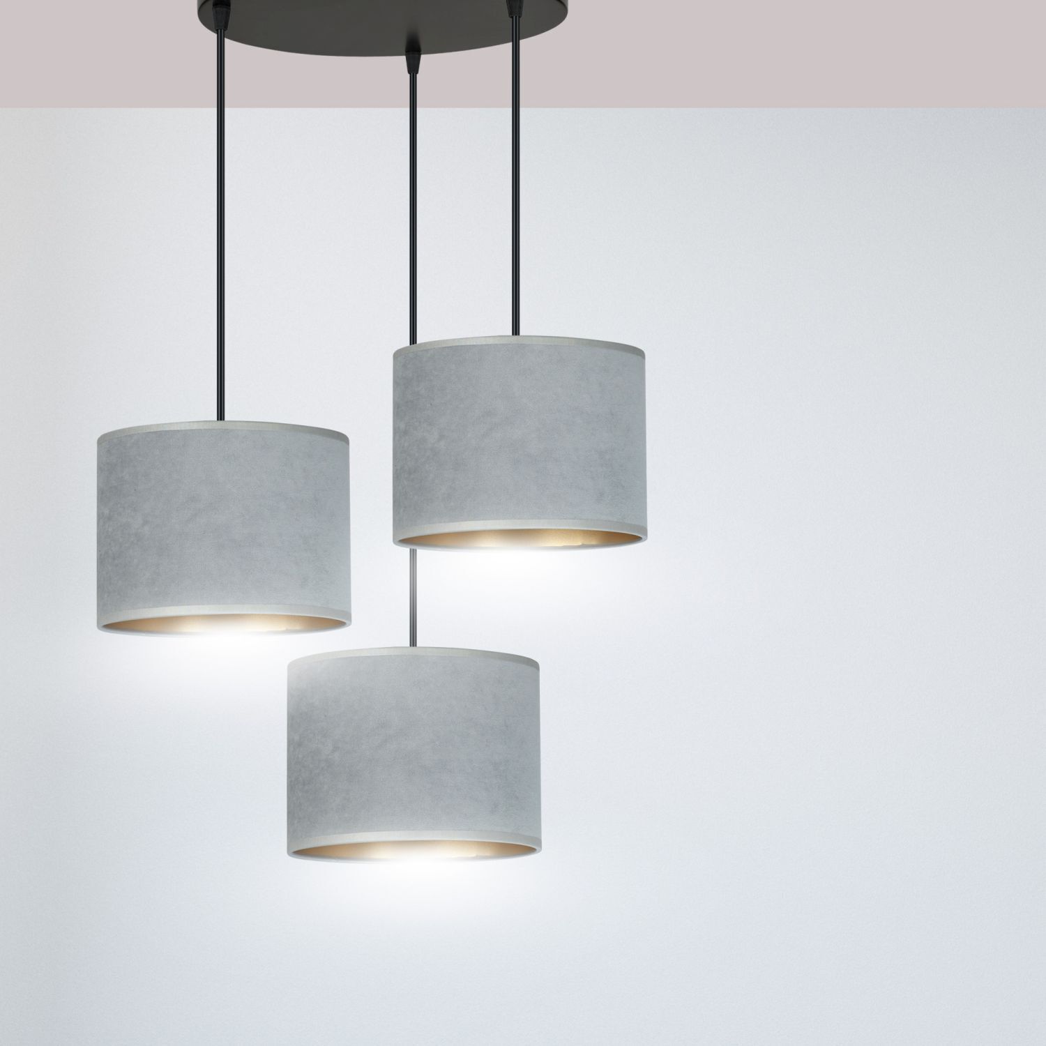 Lampe à suspendre 3 flammes E27 tissu métal noir gris or