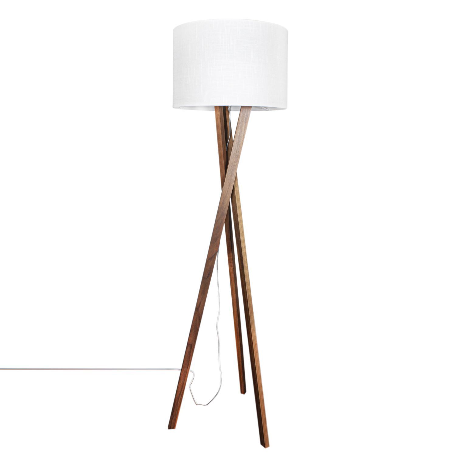Lampadaire tripode hauteur 160 cm tissu bois E27 en noyer blanc