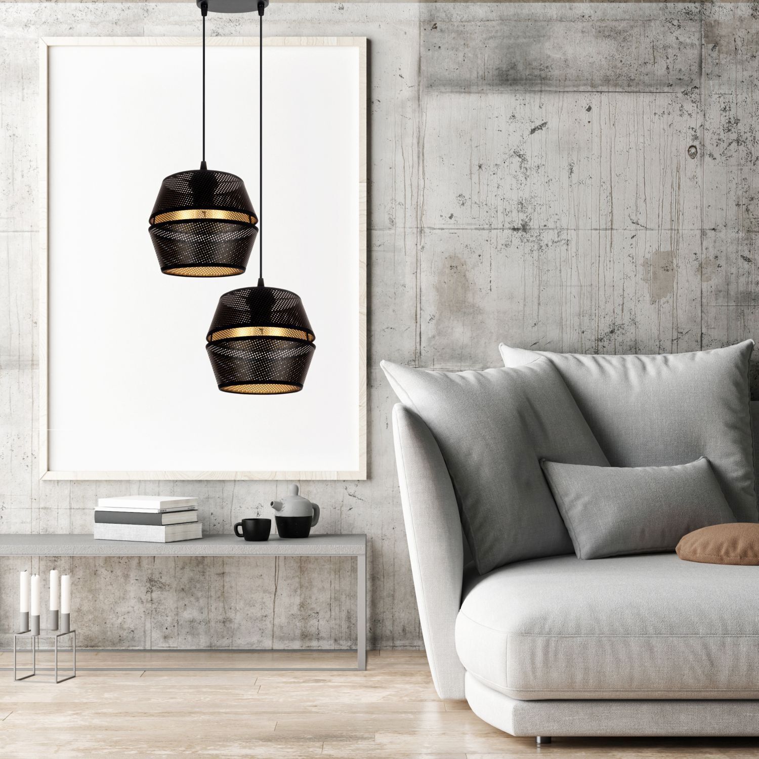 Suspension noir or métal 2 flammes L:40 cm E27