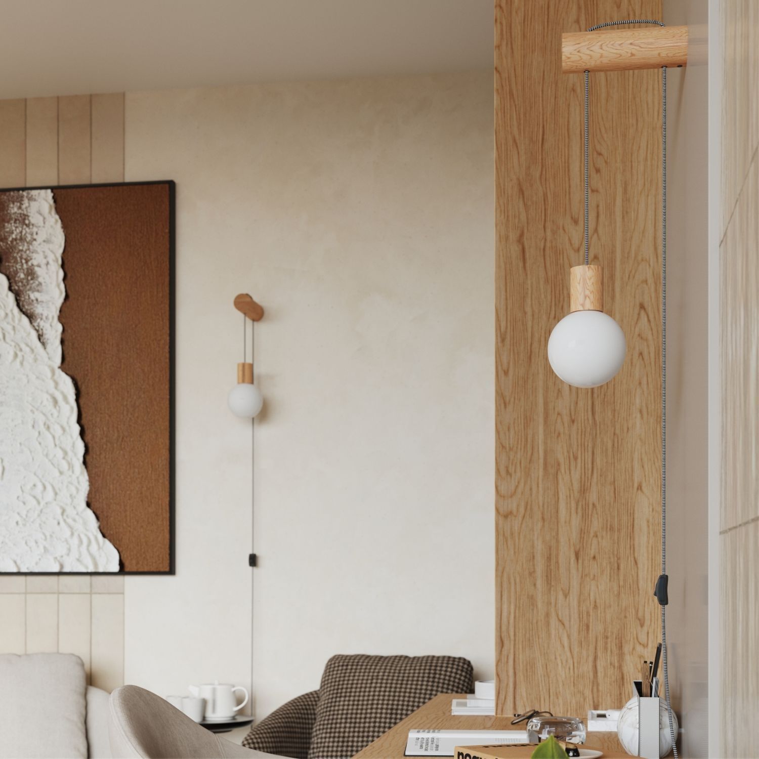 Wandleuchte Holz Glas Stecker Kabel Schalter G9 T:25 cm pendant light, hängende lampe, Holzfassung, Glühbirne Kugel, moderner Dekor