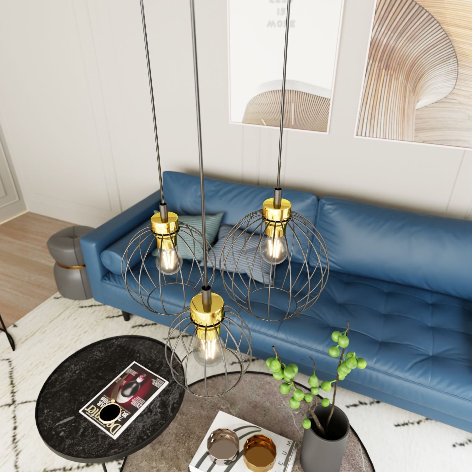 Suspension ronde noire or 3 flammes E27 élégante Wohnzimmer, Innenarchitektur, Inneneinrichtung, Lampe, Couch