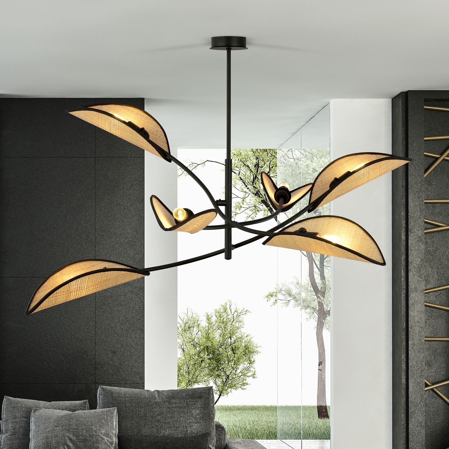 Plafonnier métal rotin 102 cm long pivotant E14 6 flammes