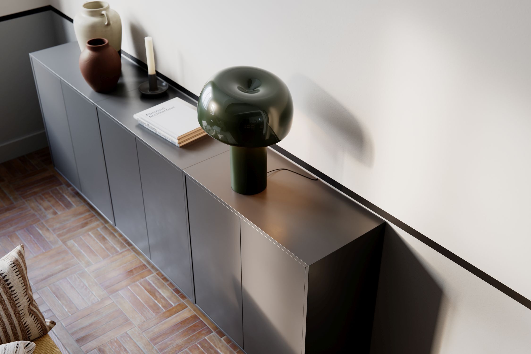 Sideboard, Schrank, Tafellampe, grüne Lampe, Dekorationsartikel