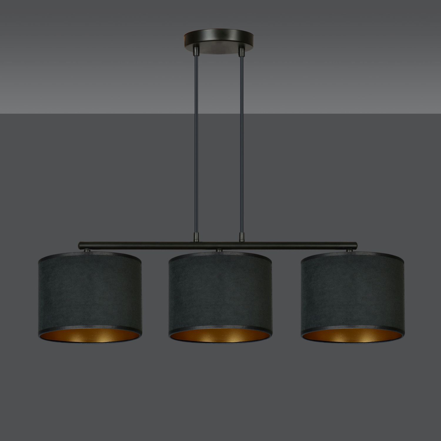 Suspension tissu métal L : 72cm noir or 3-flamme E27