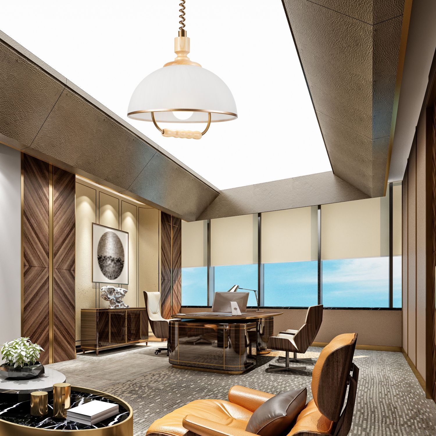 Runde Pendelleuchte Glas Holz E27 Ø30 cm blendarm office, desk, stool, cabinet, modern-room