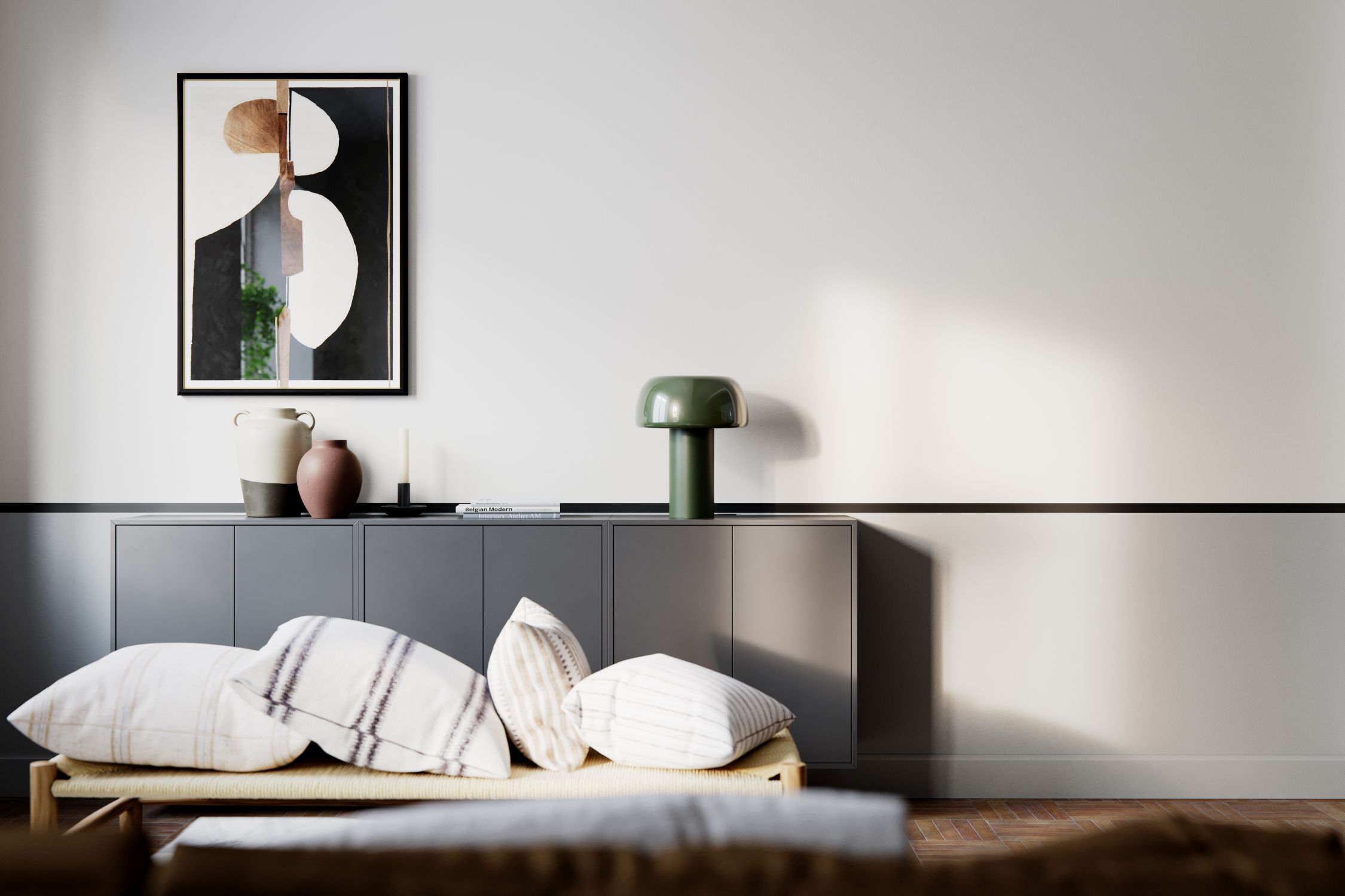 wohnzimmer, vitrine, sideboard, lampenform, kissen