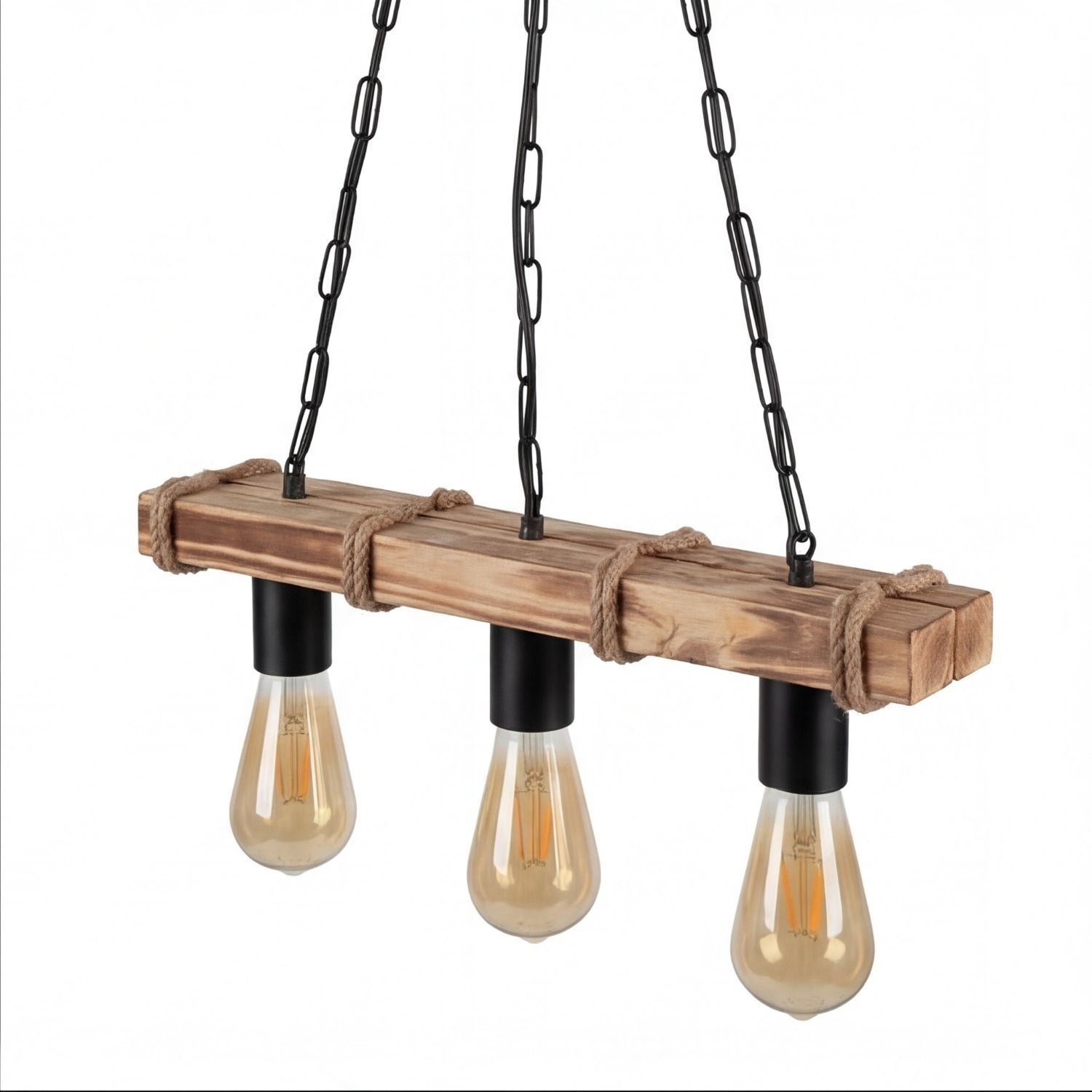 Hängeleuchte Metall E27 H: max. 85 cm 3-flammig LIRIEN Hängeleuchte, Holz, Edison-Birne, Drei Kabel, Industrie-Stil