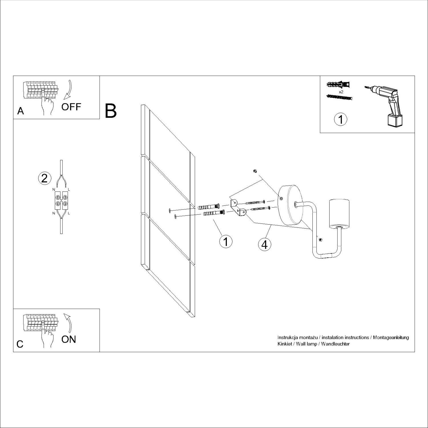 Wandleuchte mit Arm Stahl Holz Schwarz E27 H:18 cm Kreuzgriff-Lampe, Wandlampenhalter, Montageanleitung, Schrauben, Knicklichter/Aufsatz