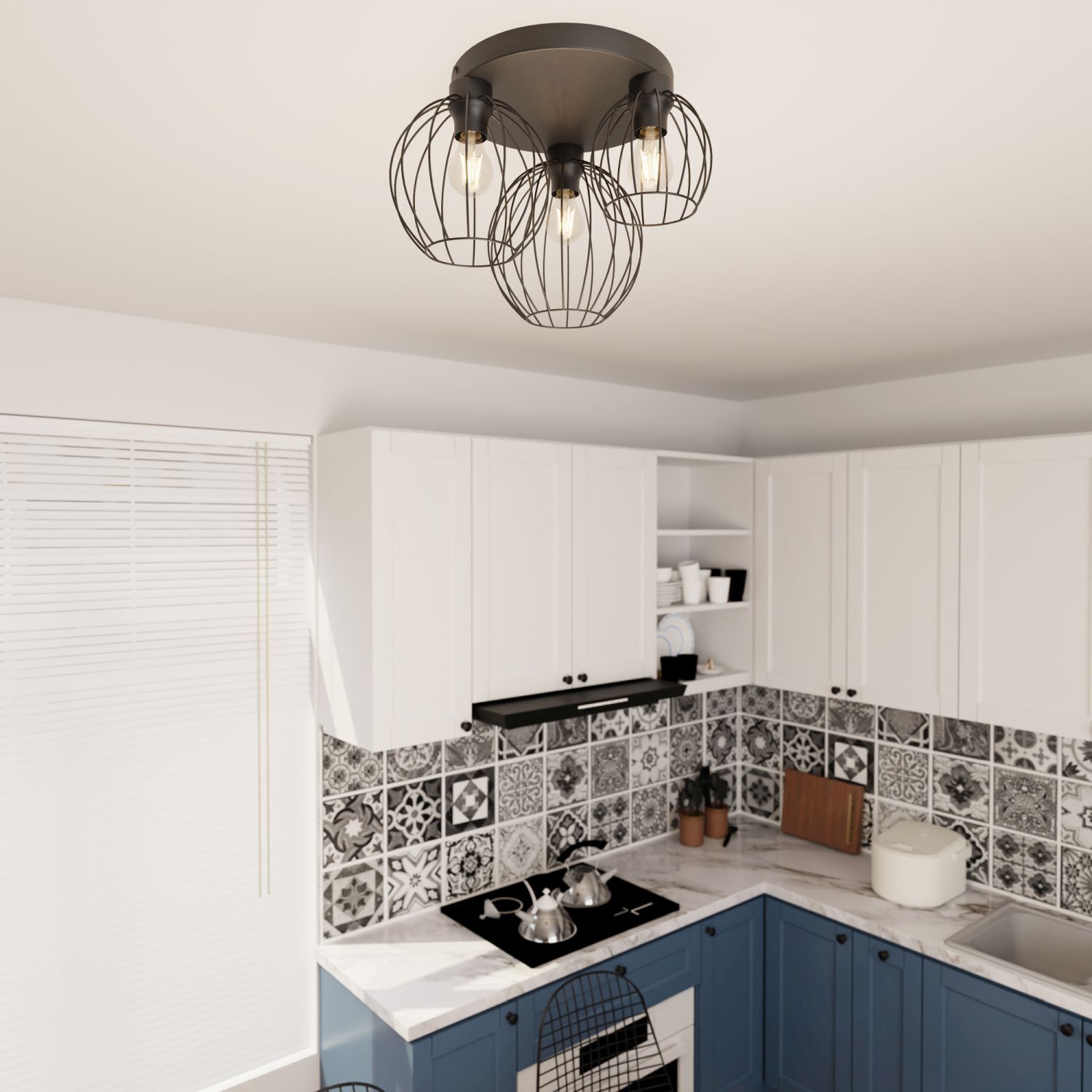 Deckenlampe Retro Schwarz Draht E27 3-flammig L:41 cm küche, pendelleuchte, kachelrückwand, blaue schränke, kocher