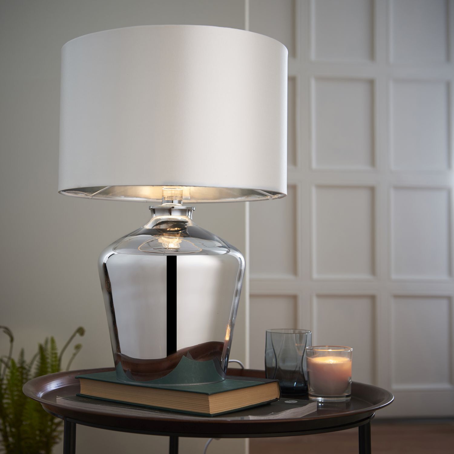 Lampe de table verre tissu 47 cm de haut en chrome blanc E27