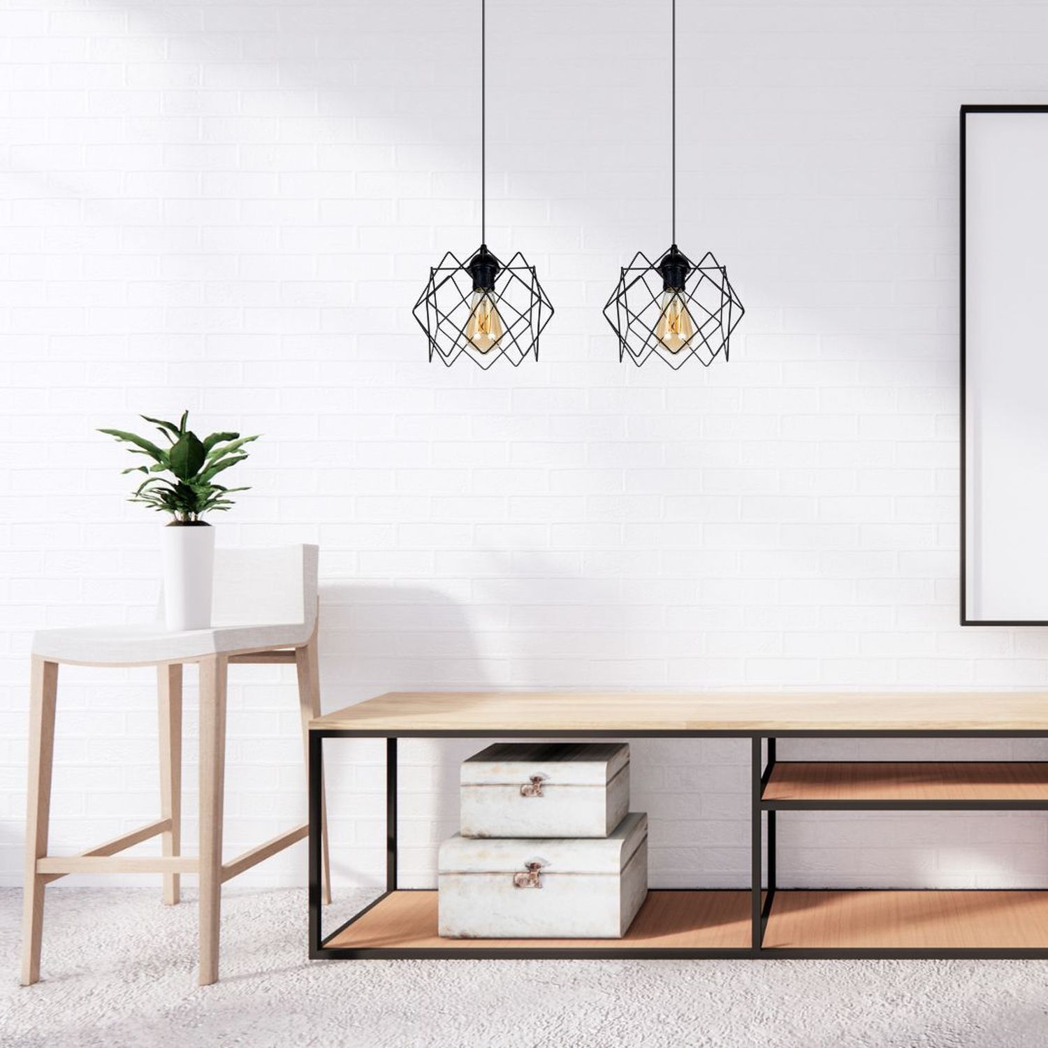 deckenleuchte, geometrische lampe, drahtlampe, wohnzimmer-deko, holzkonsole
