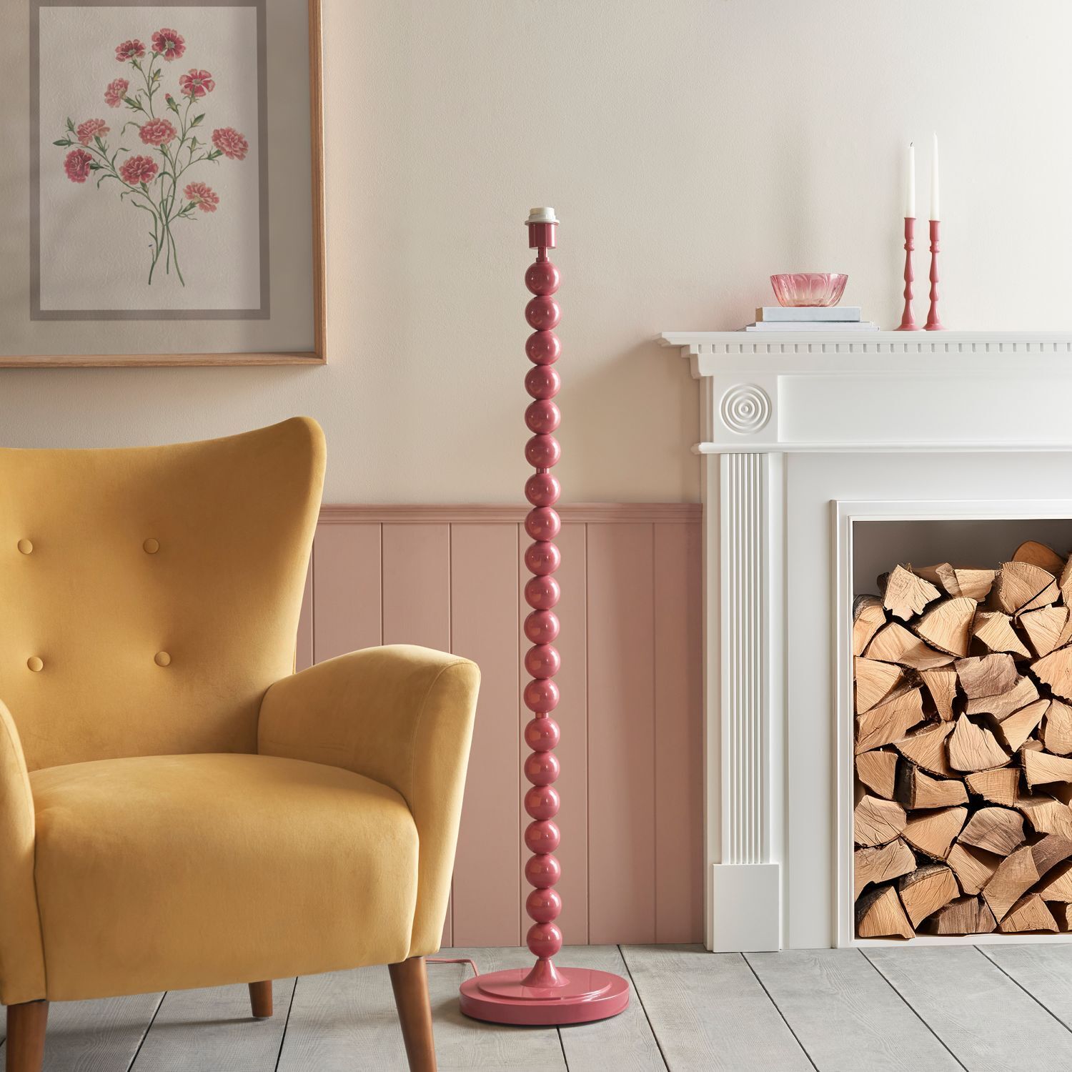 Lampadaire petit E27 154 cm rose corail à motifs tissu métal