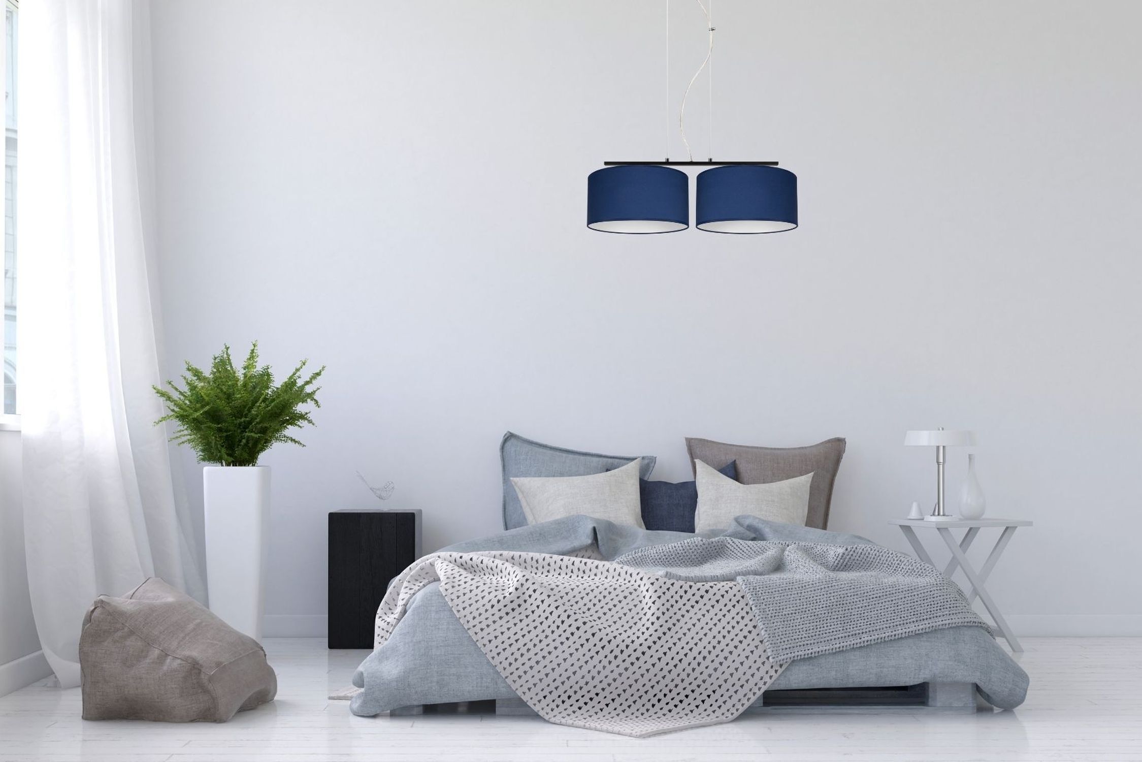 Suspension allongée 2 flammes tissu noir bleu E27