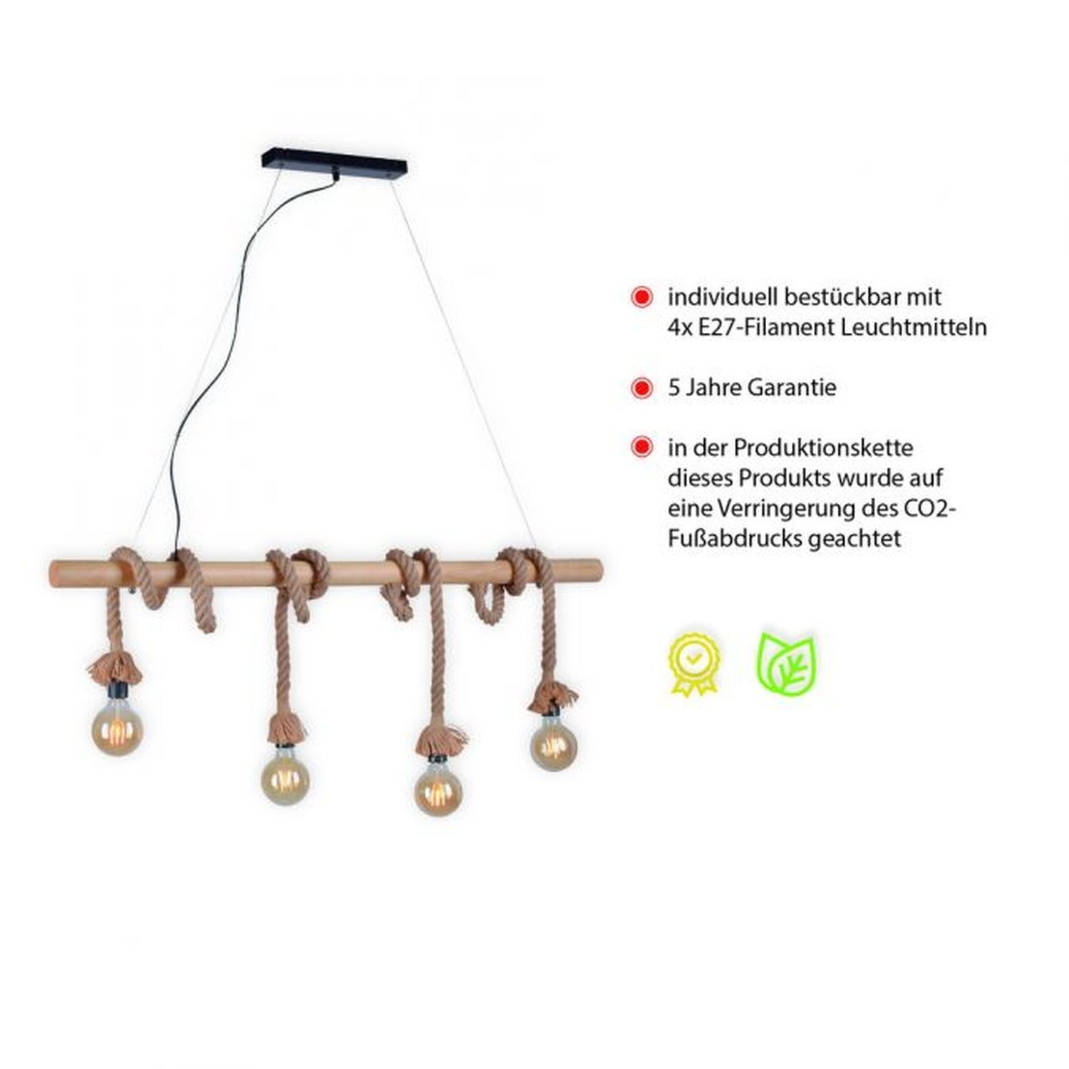 Vintage Pendelleuchte Holzbalken Tau Seil E27 100 cm