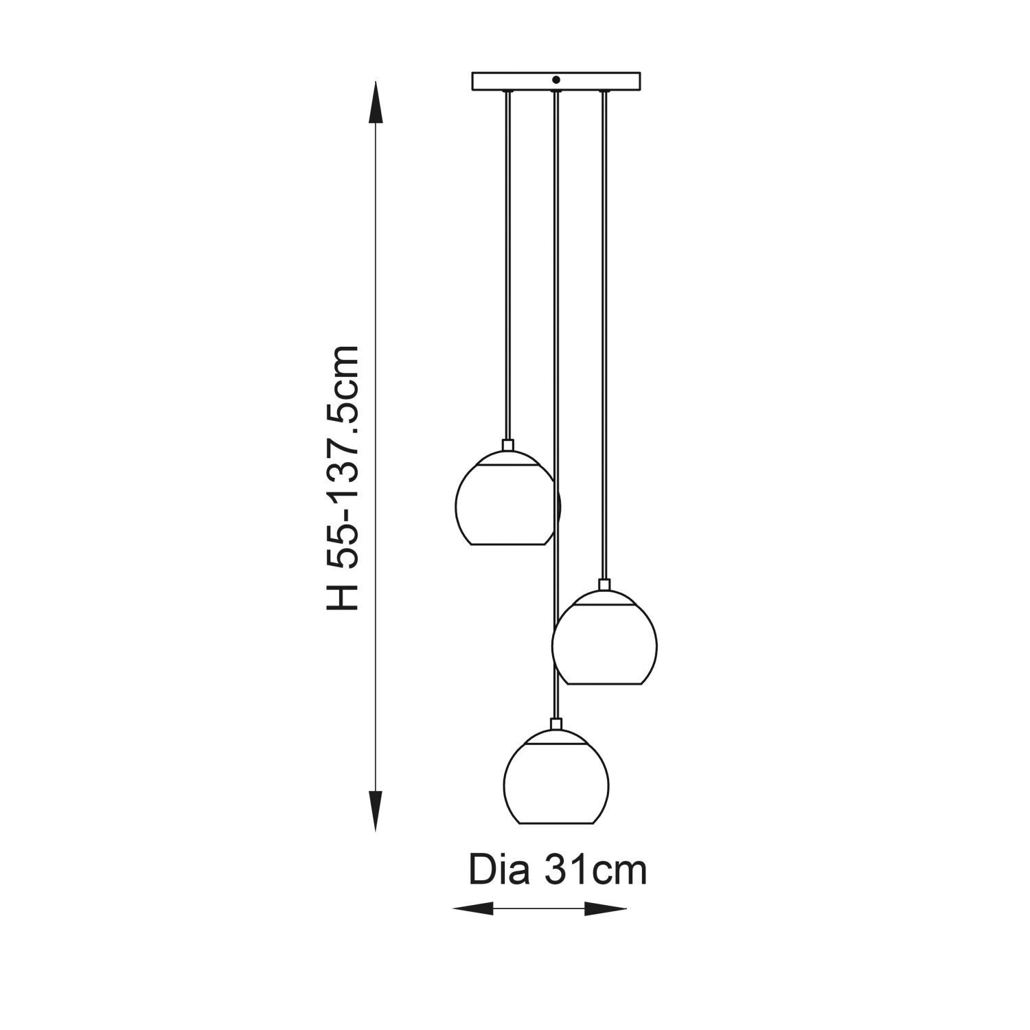 Lampe à suspendre verre fumé métal L : 31 cm H : max. 137,5 cm réglable en laiton champagne 3 flammes E14 boule abat-jour Lampe à suspendre salle à manger