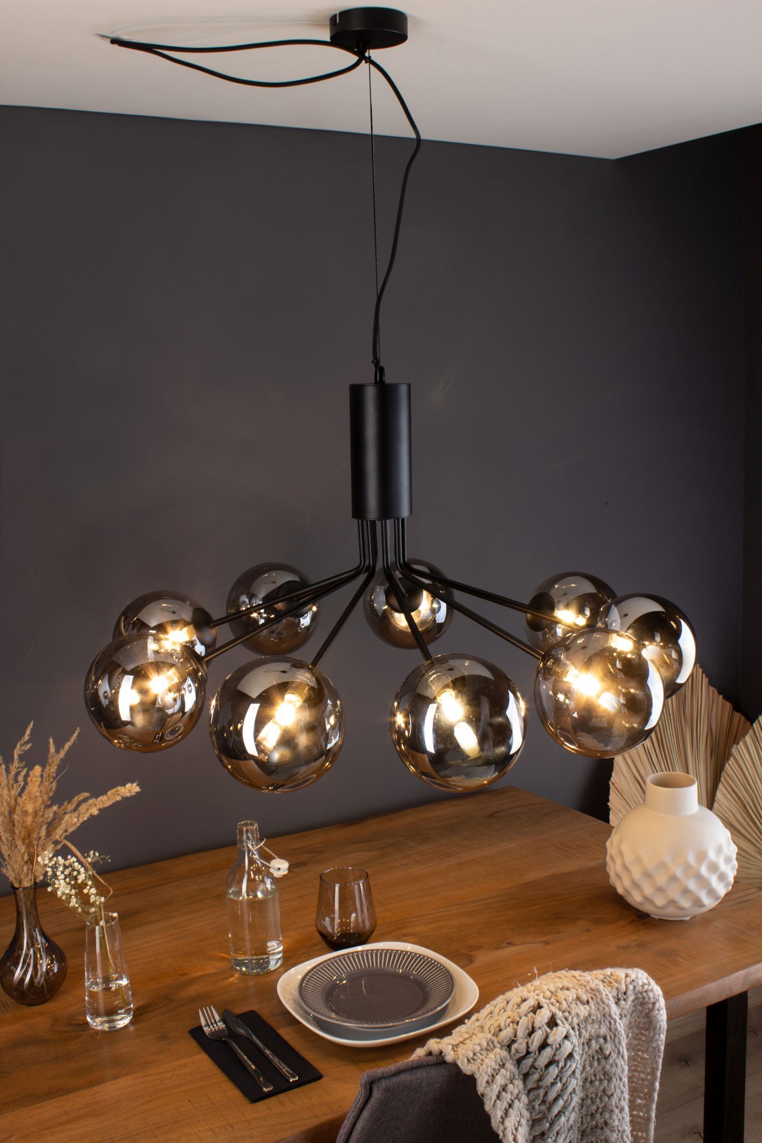 Lampe à suspendre métal verre noir gris fumé G9 L:83,4 cm