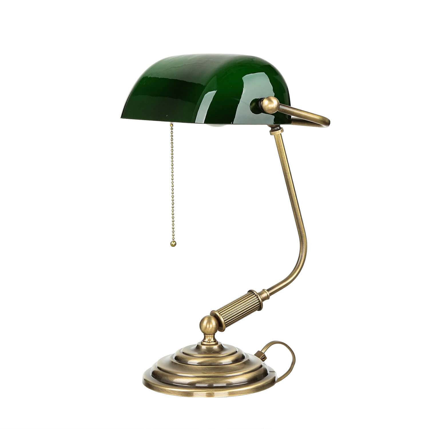 bankerleuchte-bankerlampe-schreibtischlampe-messing-glas-schirm-gruen-zugschalter--1 Tischlampe, Bürolampe, Messing, Grün, Klemmarm