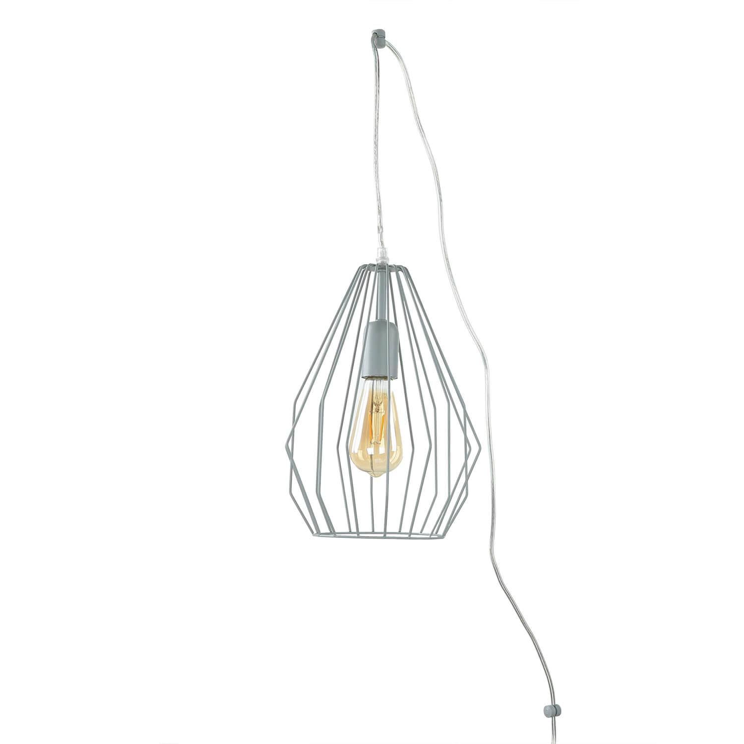 pendelleuchte-haengelampe-mit-stecker-kabel-schalter-draht-gestell-metall-grau-4 Hängeleuchte, Metallkonstruktion, Spitzendesign, Metalldraht, Edison-Glühbirne