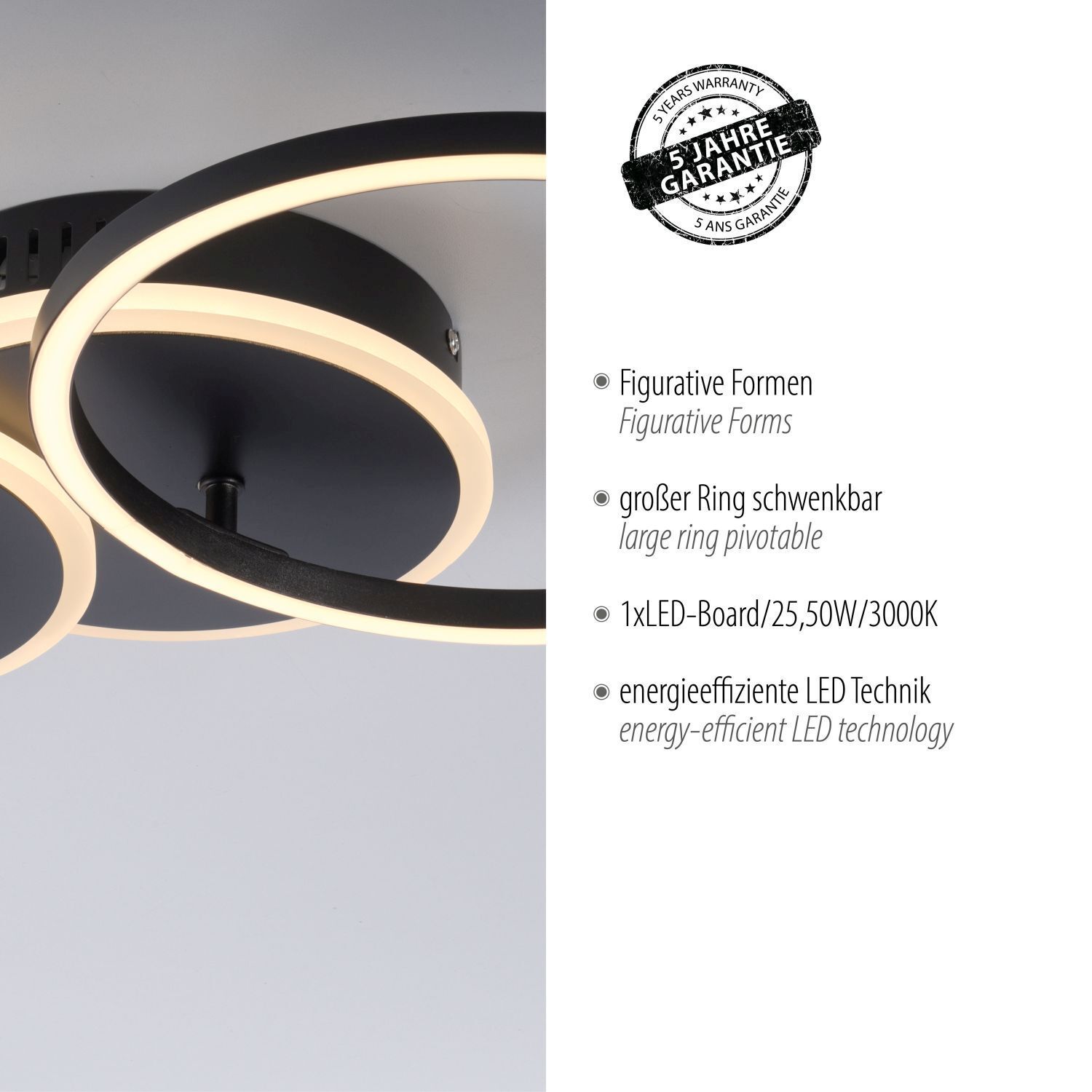 Lampe de plafonnier LED noir métal blanc chaud 26 W mobile Band, Werbung