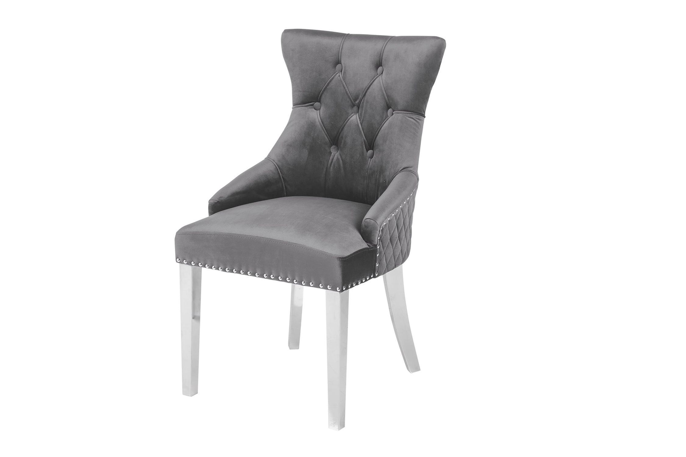 Chaise de salle à manger Gris Argent en velours Acier inoxydable Chesterfield Moebel, Stuhl, Sessel