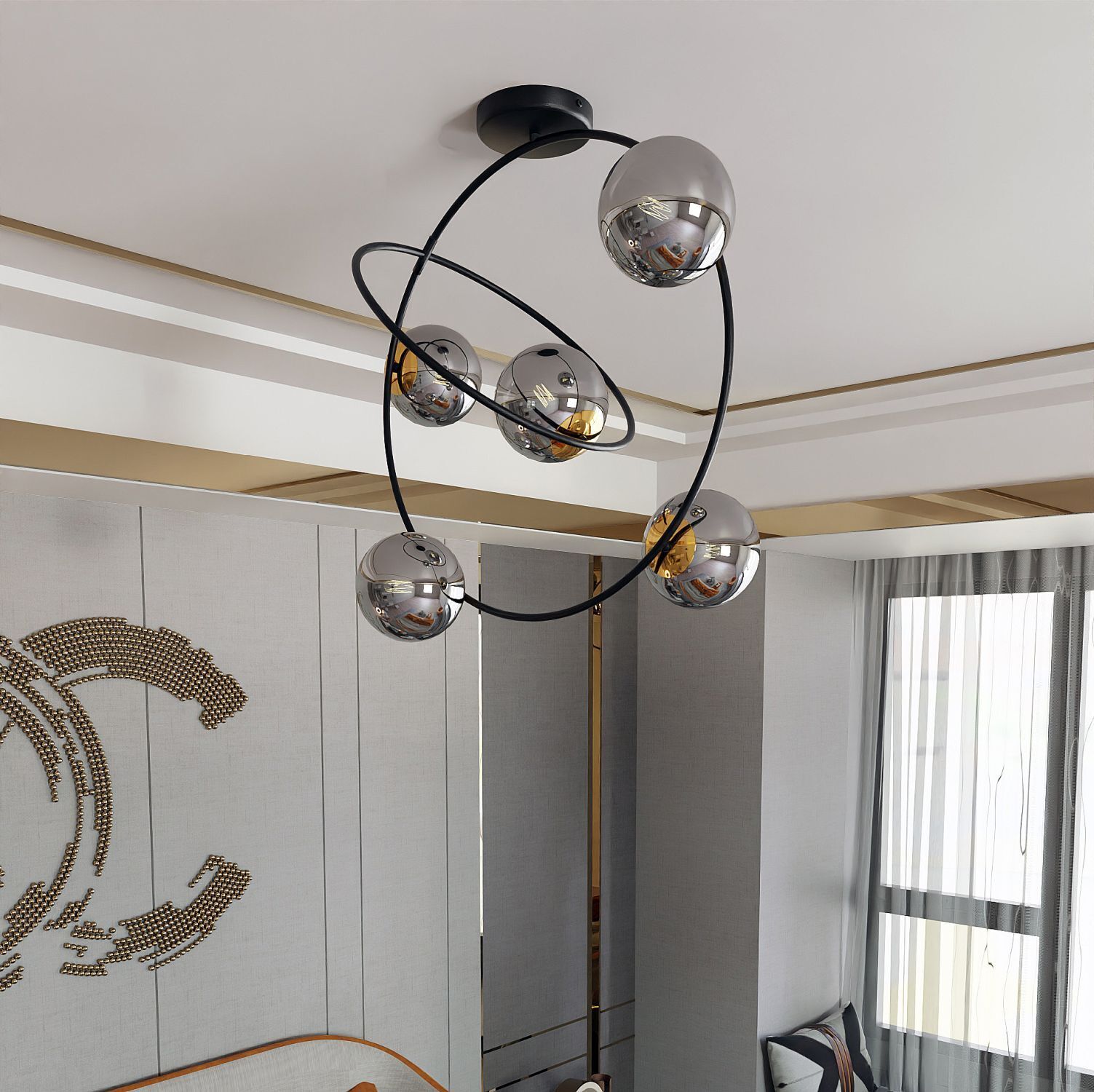 Deckenleuchte Metall Rauchglas Schwarz Graphit 5x E14 Ringe Lampe, Kronleuchter