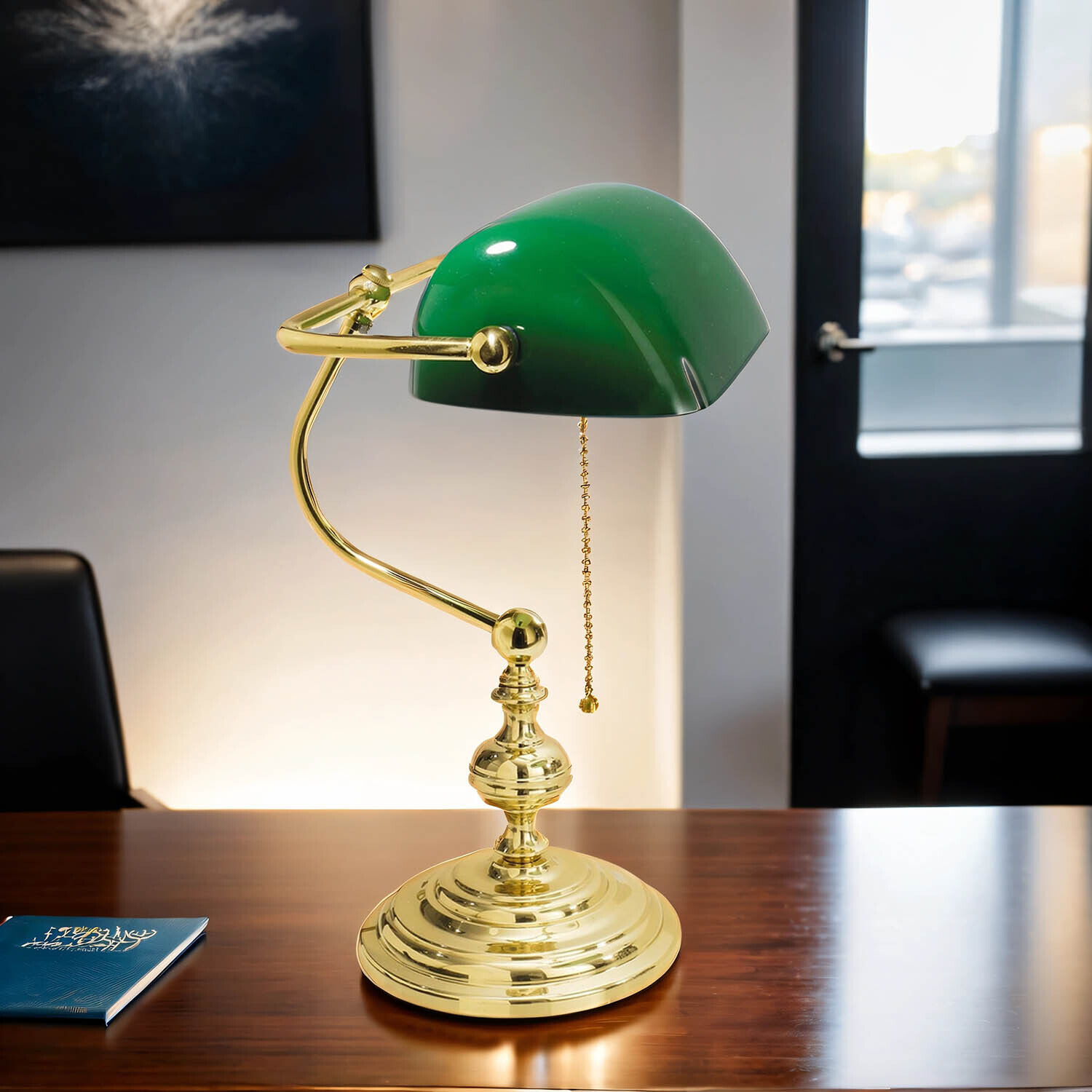 Lampe de banquier 39 cm E27 laiton verre interrupteur à tirette vert