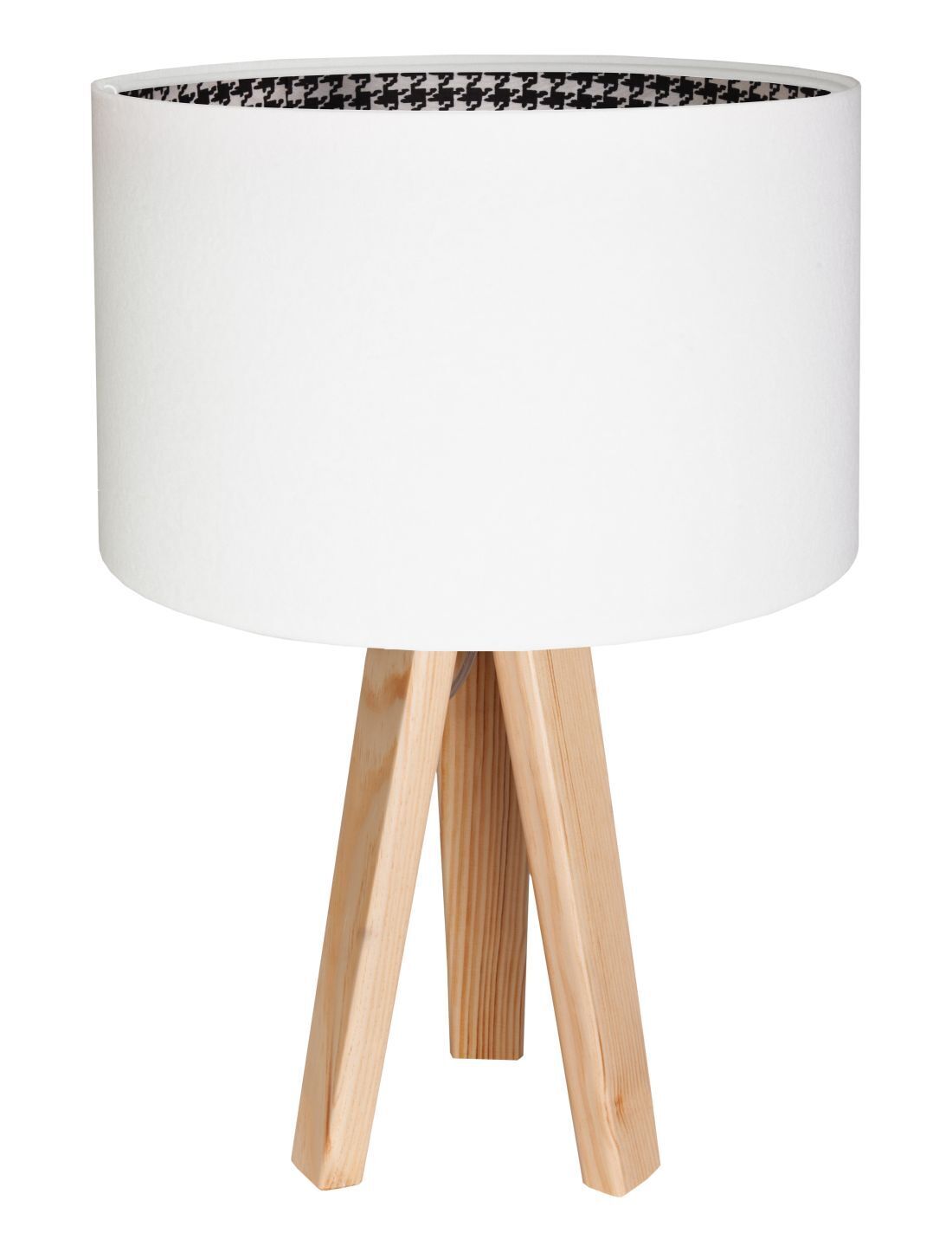 Lampe de table tripode pied-de-poule blanc bois 46cm rétro