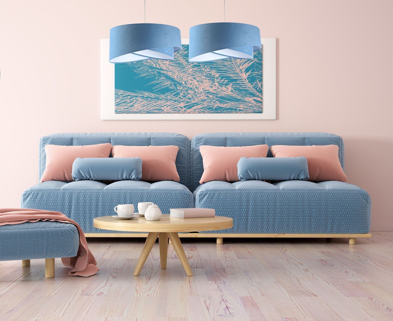 Suspension ronde Ø 50 cm Blanc Bleu Tissu aspect velours E27