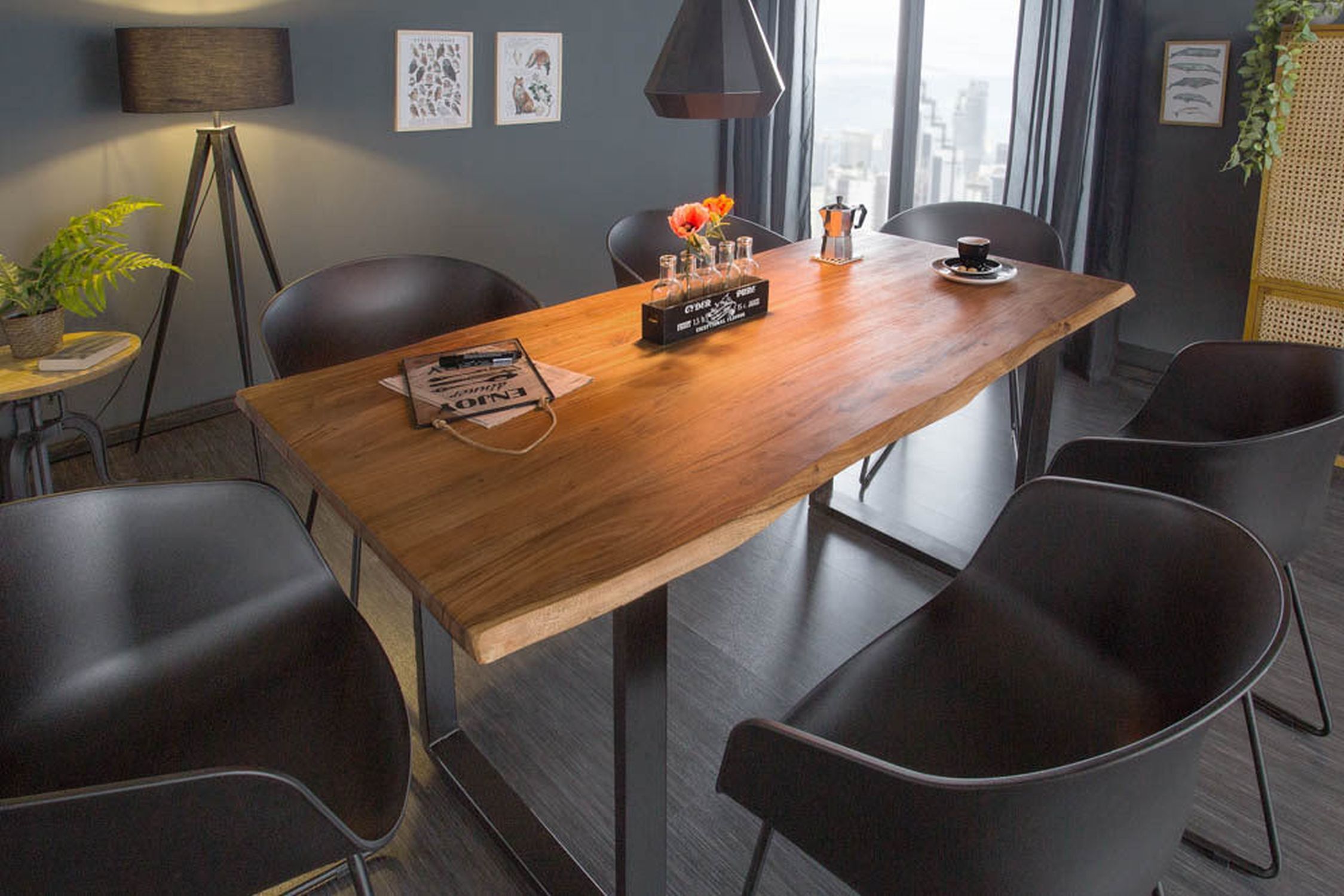 Table de salle à manger en bois d'acacia et métal, bord en forme d'arbre 140 x 90 cm Moebel, Tabelle, Tischplatte, Holz, Stuhl