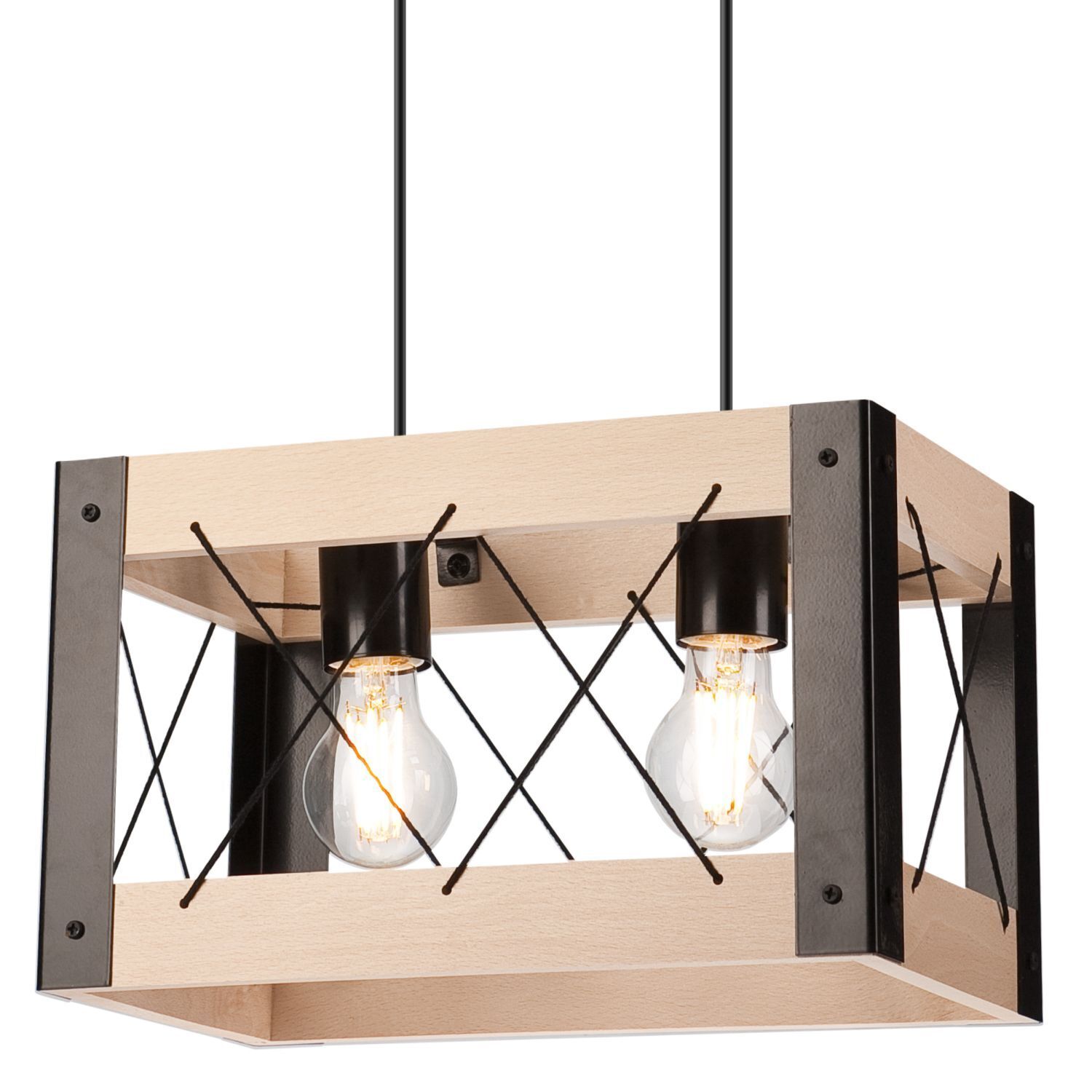 Suspension bois métal ajustable 2 flammes E27 Rustique