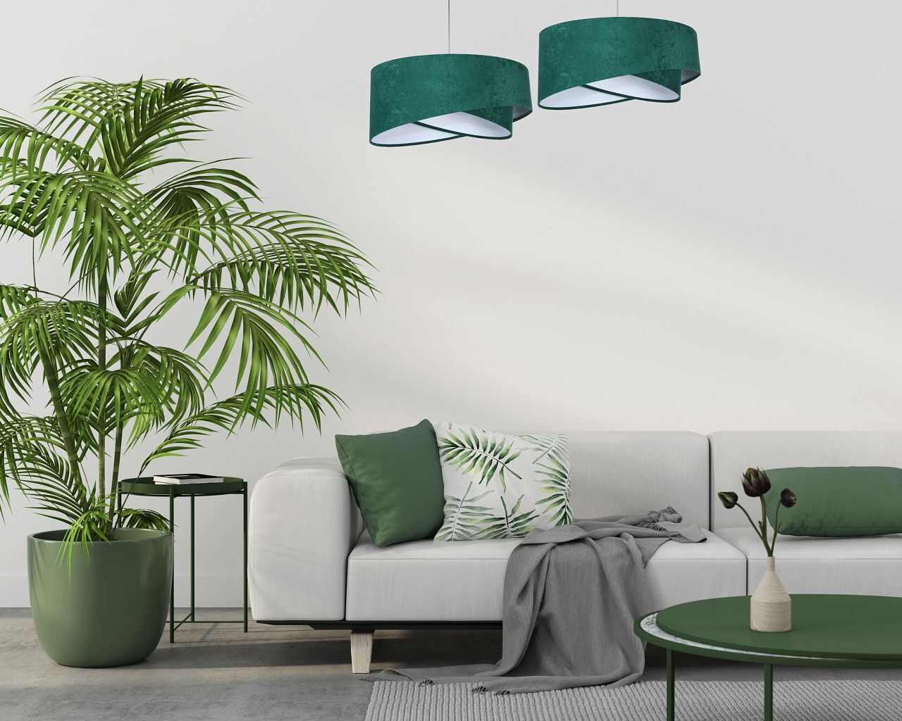 Suspension ronde Ø 50 cm E27 Tissu aspect velours vert blanc Lampe, Pflanze, Pflanze im Topf